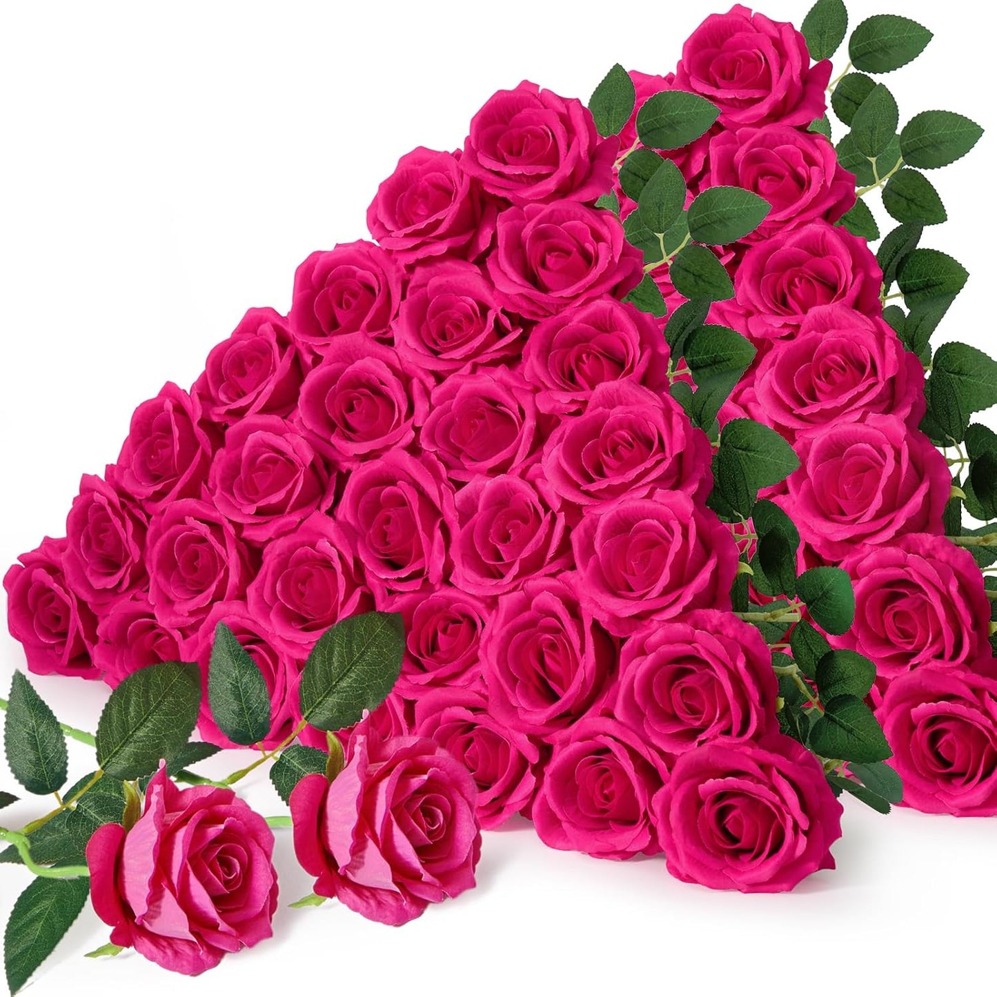Serwalin 50pcs Artificial Roses Bulk, 4'' Big Velvet Flower Head, Hot Pink Rose Velvet Real Touch, Silk Fake Roses Long Stems Realistic Bouquet for Wedding Table Centerpiece and Home Decor