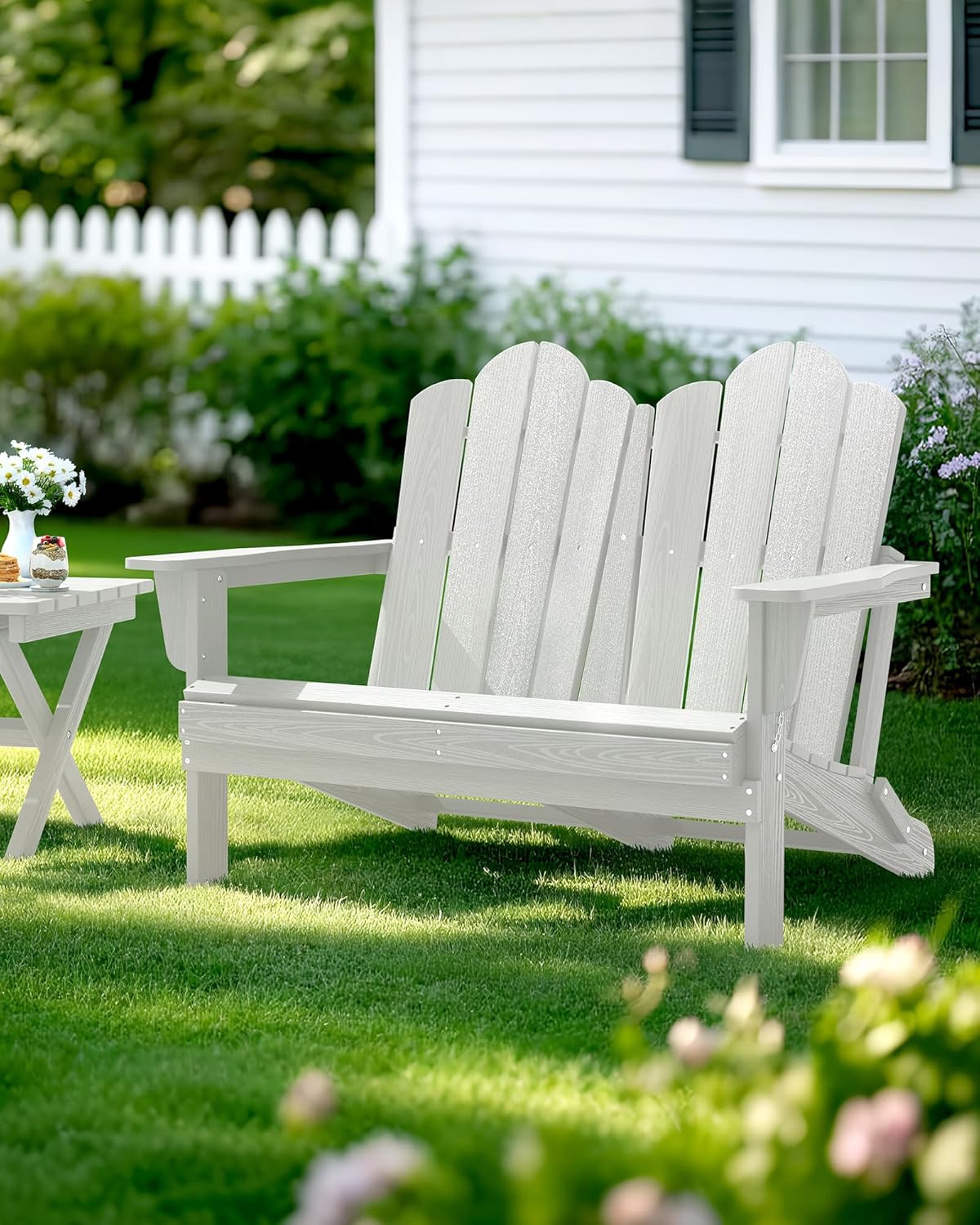 SERWALL 2 Person Adirondack Loveseat, HDPE All-Weather Folding Adirondack Bench Chair, Outdoor Adirondack Chair Set of 4, White