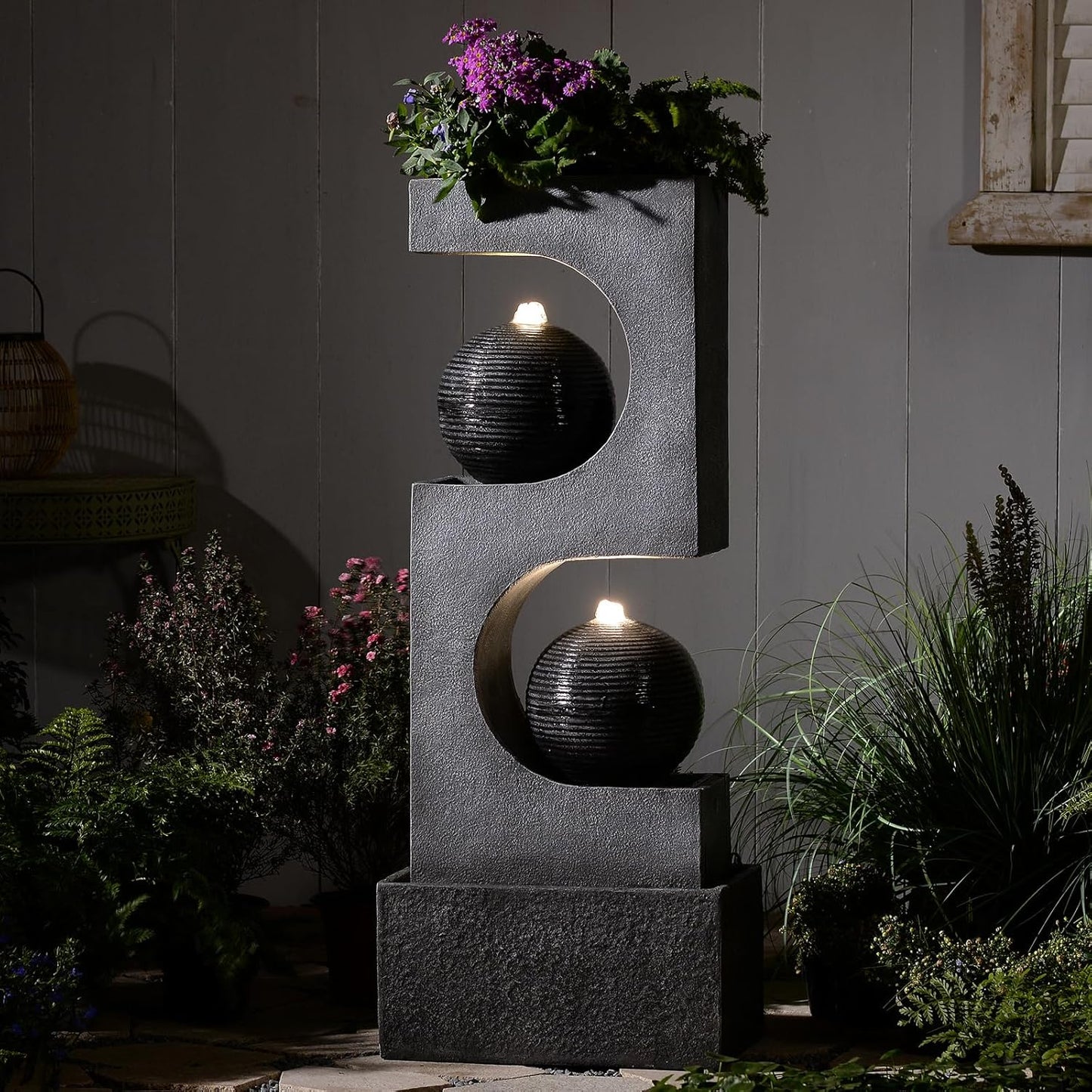 46''H Outdoor Water Fountain with LED Light, Modern Sphere Floor Waterfalls Fountains Indoor for Garden Patio Yard Deck Home Decor Lawn Porch House