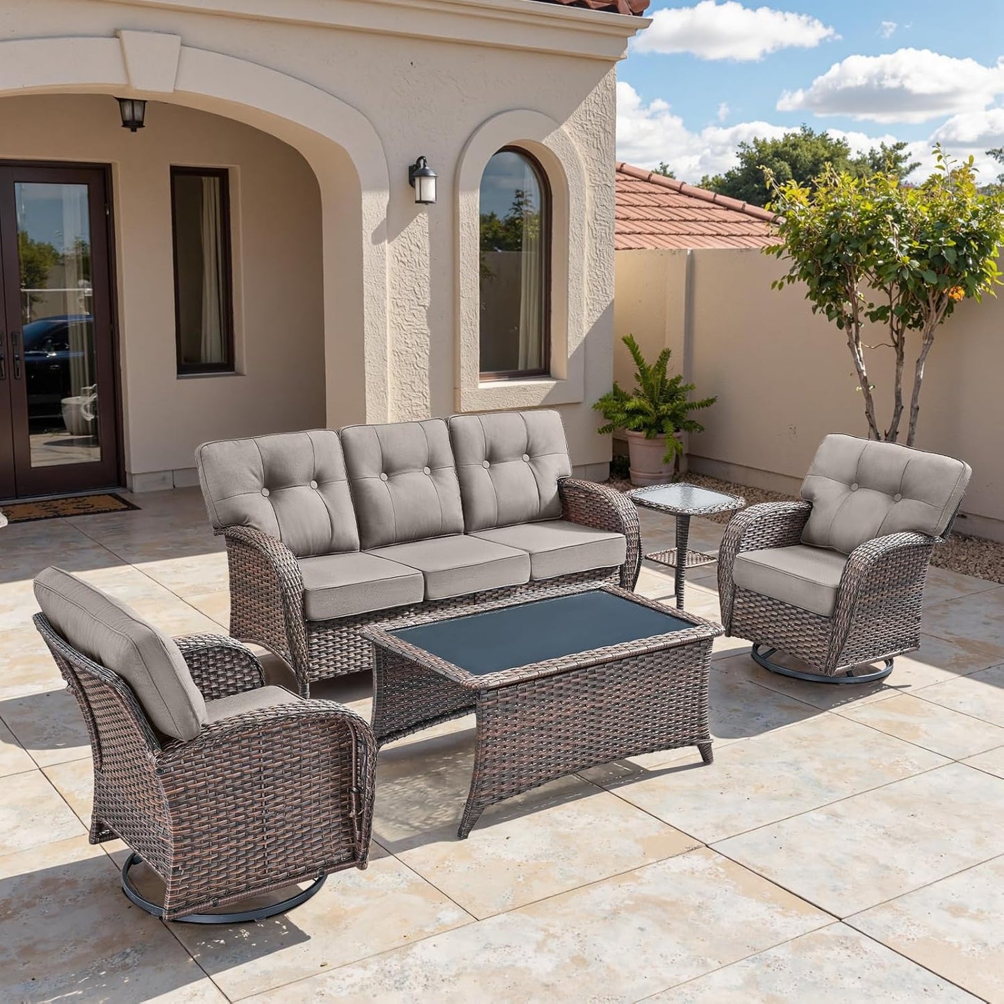 5-Piece Rotating Balcony Chair Set with 31-inch T-Shaped Wide backrest - Rattan Outdoor Rotating Balcony Chairs, Wide backrest Comfortable Outdoor Sliding Chair - Brown | Grey