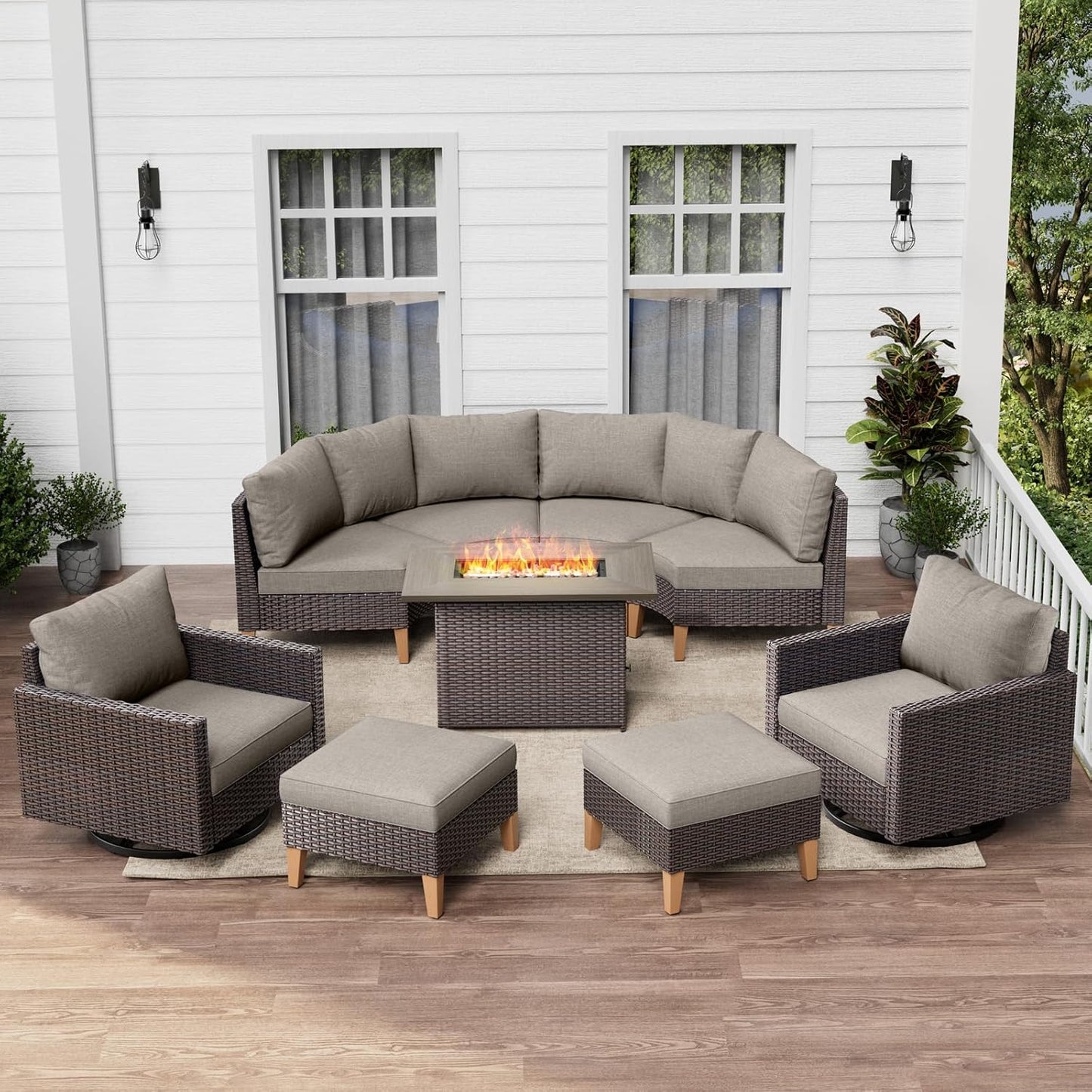 HUMMUH Patio Furniture Set with Fire Pit Table,Outdoor Sectional Couches Swivel Patio Chairs and Ottomans,All Weather PE Wicker 11 Pieces Patio Conversation Sets for Garden Porch Backyard in Grey