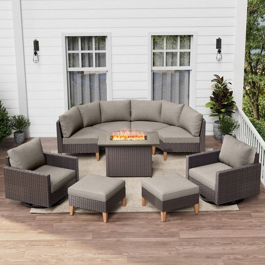 HUMMUH Patio Furniture Set with Fire Pit Table,Outdoor Sectional Couches Swivel Patio Chairs and Ottomans,All Weather PE Wicker 11 Pieces Patio Conversation Sets for Garden Porch Backyard in Grey