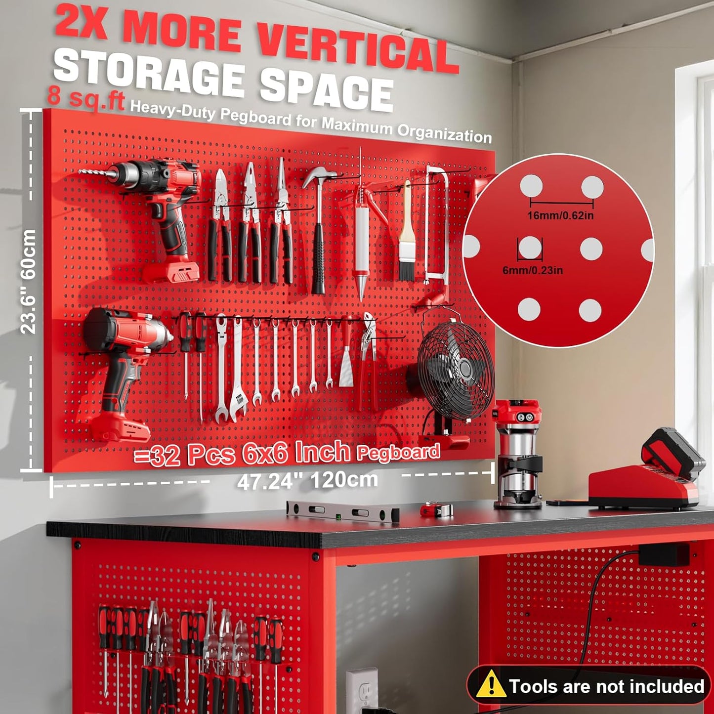 47" Heavy Duty Adjustable Workbench with Power Outlets, Pegboard & Locking Wheels - 2100LB Capacity Garage Work Table, Compatible with Milwaukee Battery, Reinforced Steel Frame for Workshop & Home Use