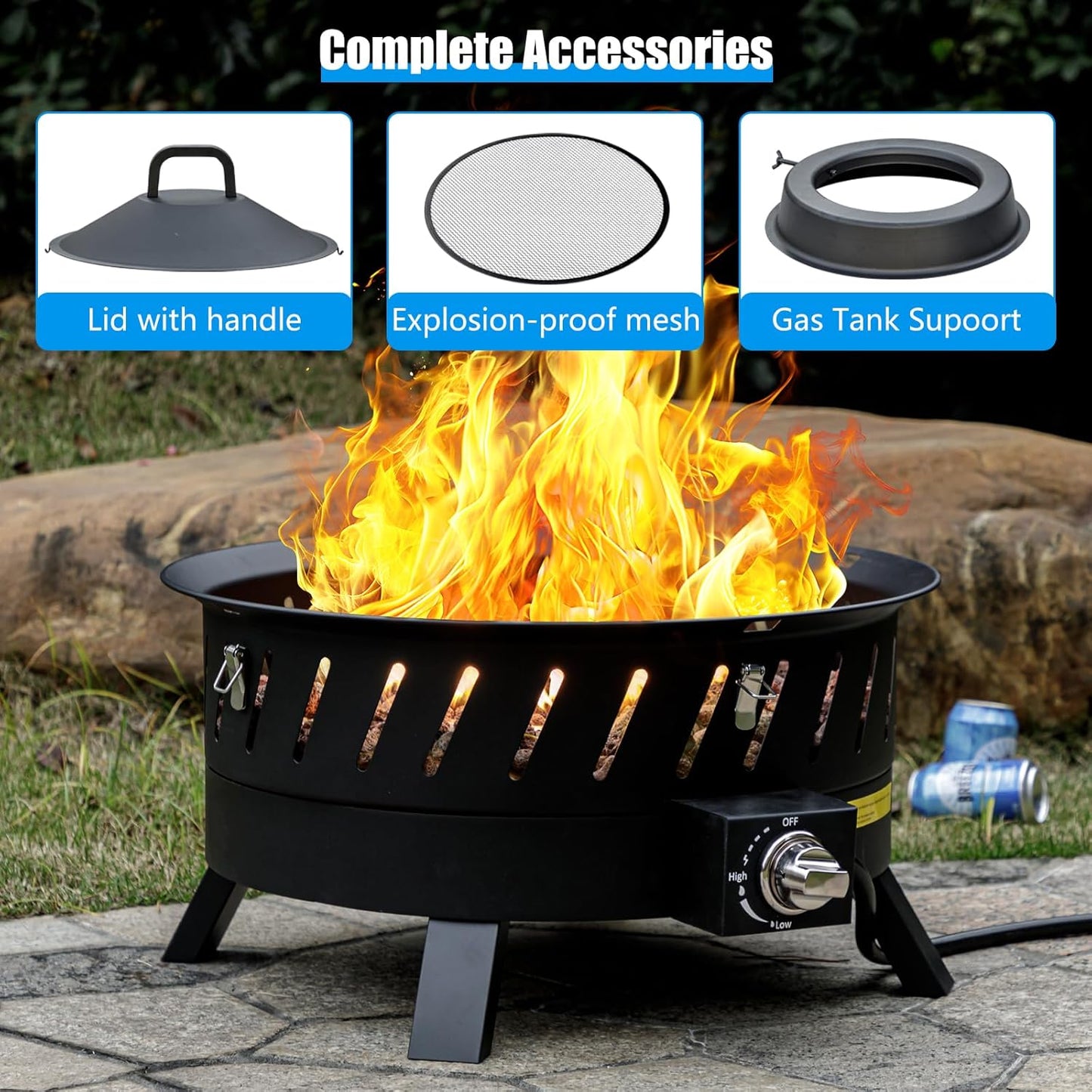 22 inch Portable Propane Fire Pits, Gas Fire Pit Bowl for Outside with Lid & Handle, Smokeless Gas Firebowl,Propane Firepit for Camping, Patio, Yard, Garden