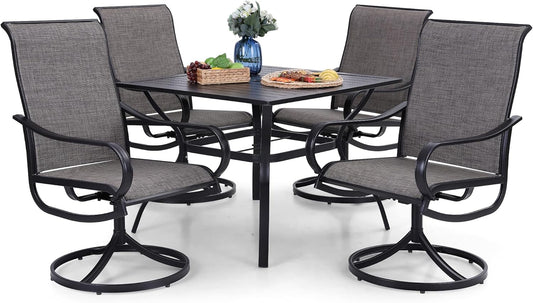 PHI VILLA 5 Piece Patio Dining Set Clearance with 4 Swivel Dining Chairs & 1 Square Metal Dining Table with 1.57 inches Hole, for Outdoor Kitchen Lawn & Garden Black Coated