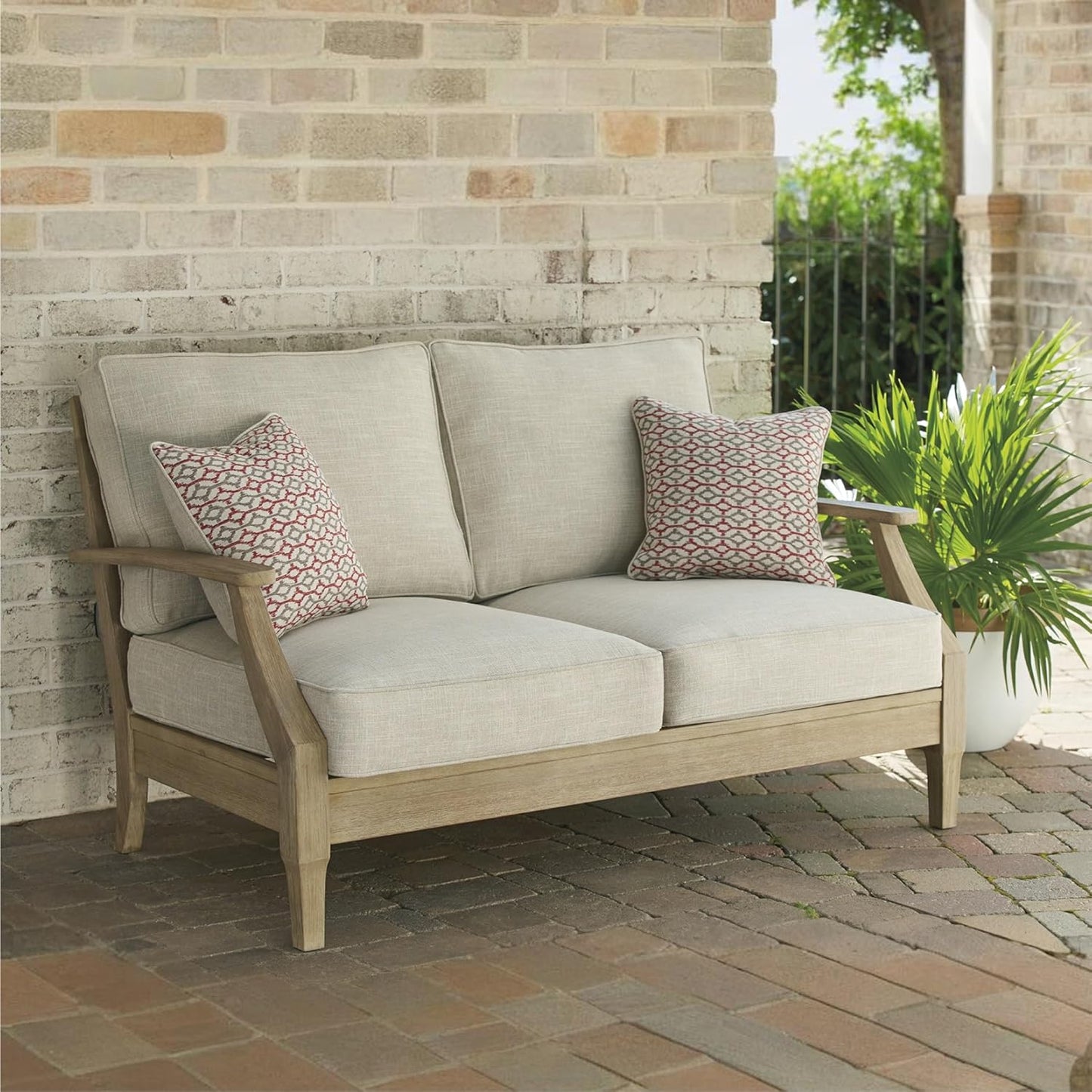 Signature Design by Ashley Clare View Coastal Outdoor Patio Eucalyptus Loveseat with Cushions, Beige