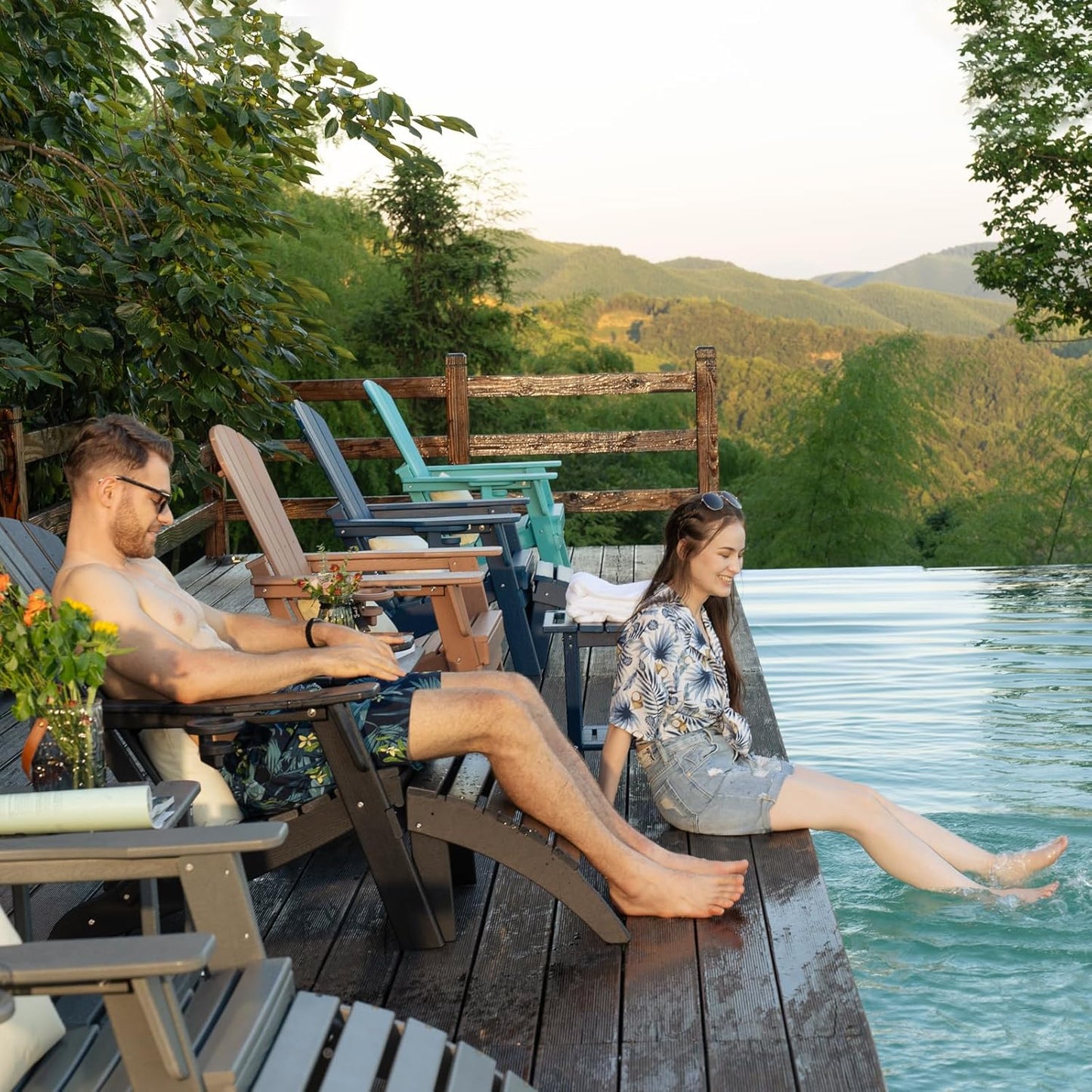 Folding Adirondack Chair - Extended Ergonomic Backrest, Cup Holder - Easy Assembly - Durable HDPE Plastic, Weather Resistant & Maintenance-Free - Lawn, Patio, Deck Supports 400lbs Teak