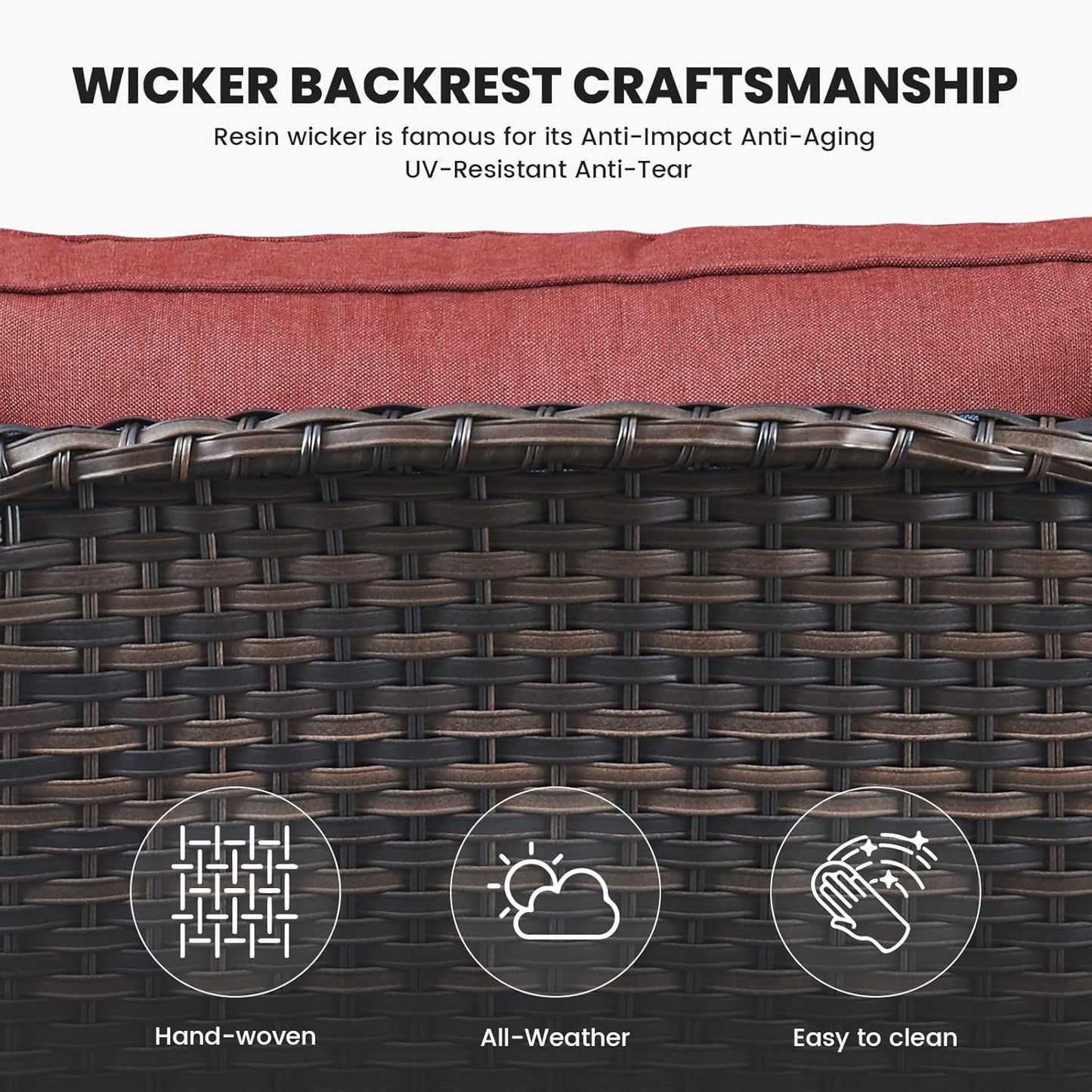 75Inch Outdoor Wicker Sofa - Standard 3 Seater with High Backrest, All Weather Rattan Patio Furniture for Balcony, Deck, Backyard, Brown Wicker/Red Cushion