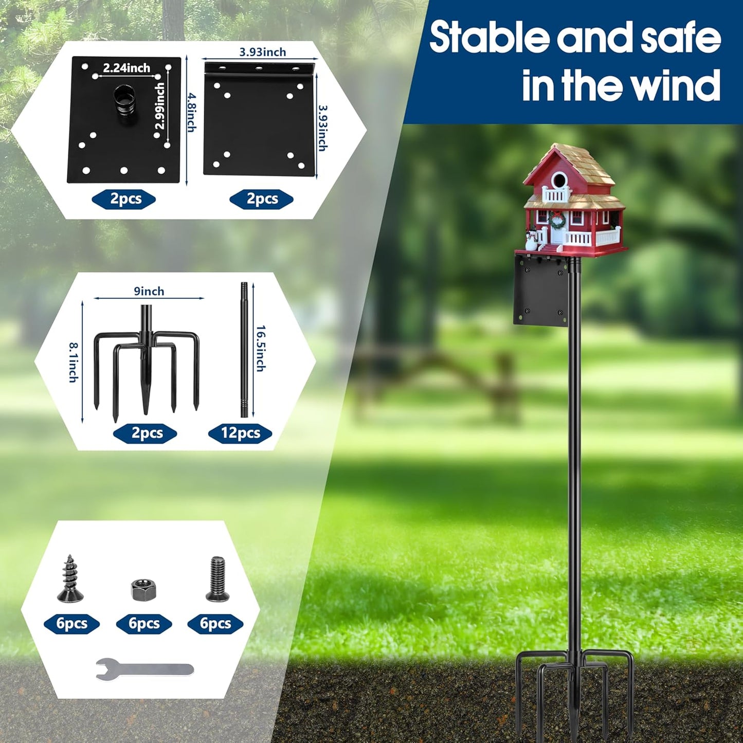 Ottsuls 2 Pack 109 Inch Heavy Duty Bird Feeder Pole Kit for Wild Birds, with 5-Prong Base Feeding Station, Adjustable Birdhouse Stand