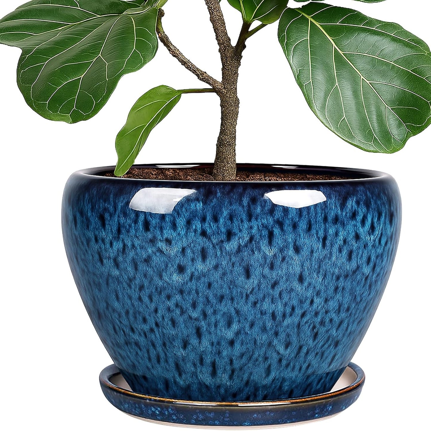 Deep Dream 10 Inch Plant Pot- Ceramic Planter Pot Round Plant Pots for Indoor Plants Outdoor Large Flower Pot with Drainage Holes & Trays, Blue