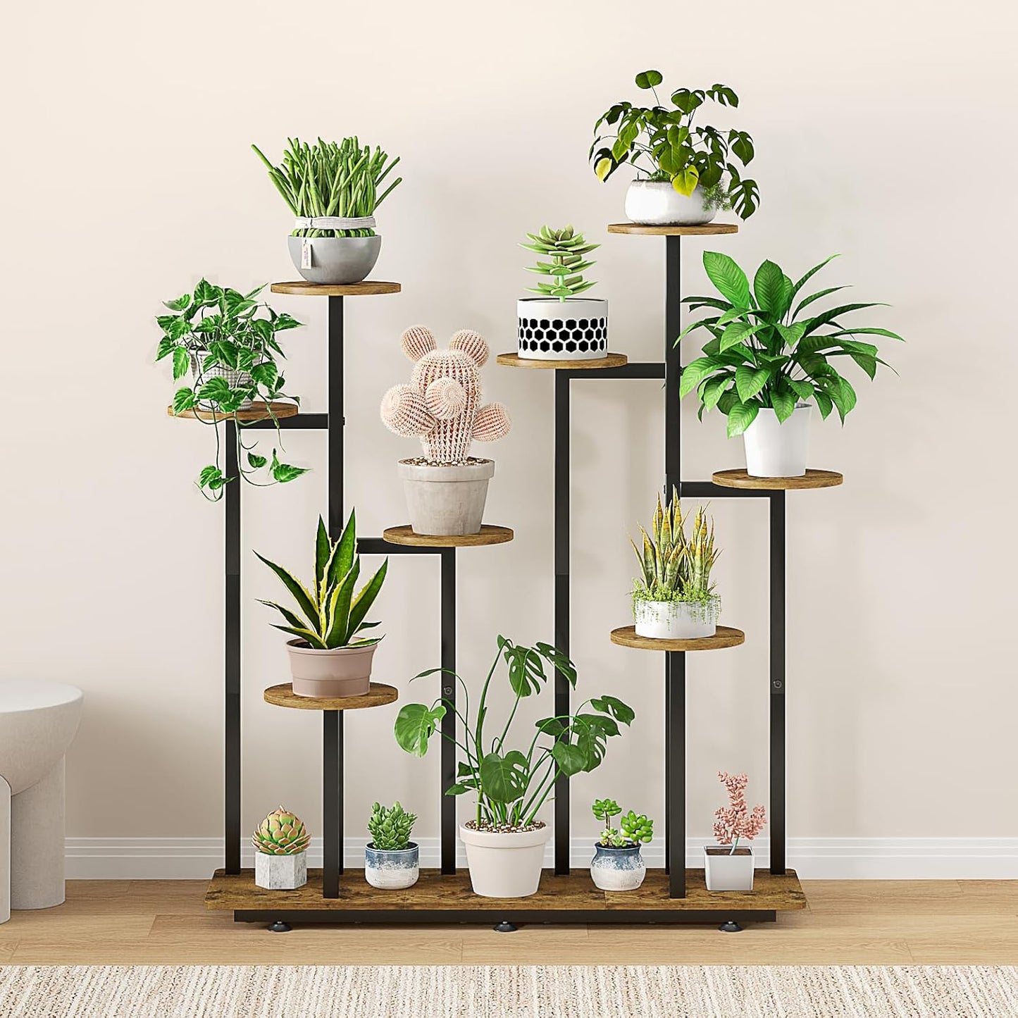 Plant Stand Indoor 9 Tier 11 Potted Multiple Flower Pot Holder for Patio Garden Balcony Living Room Corner (9 Tier Black+Rustic Brown)