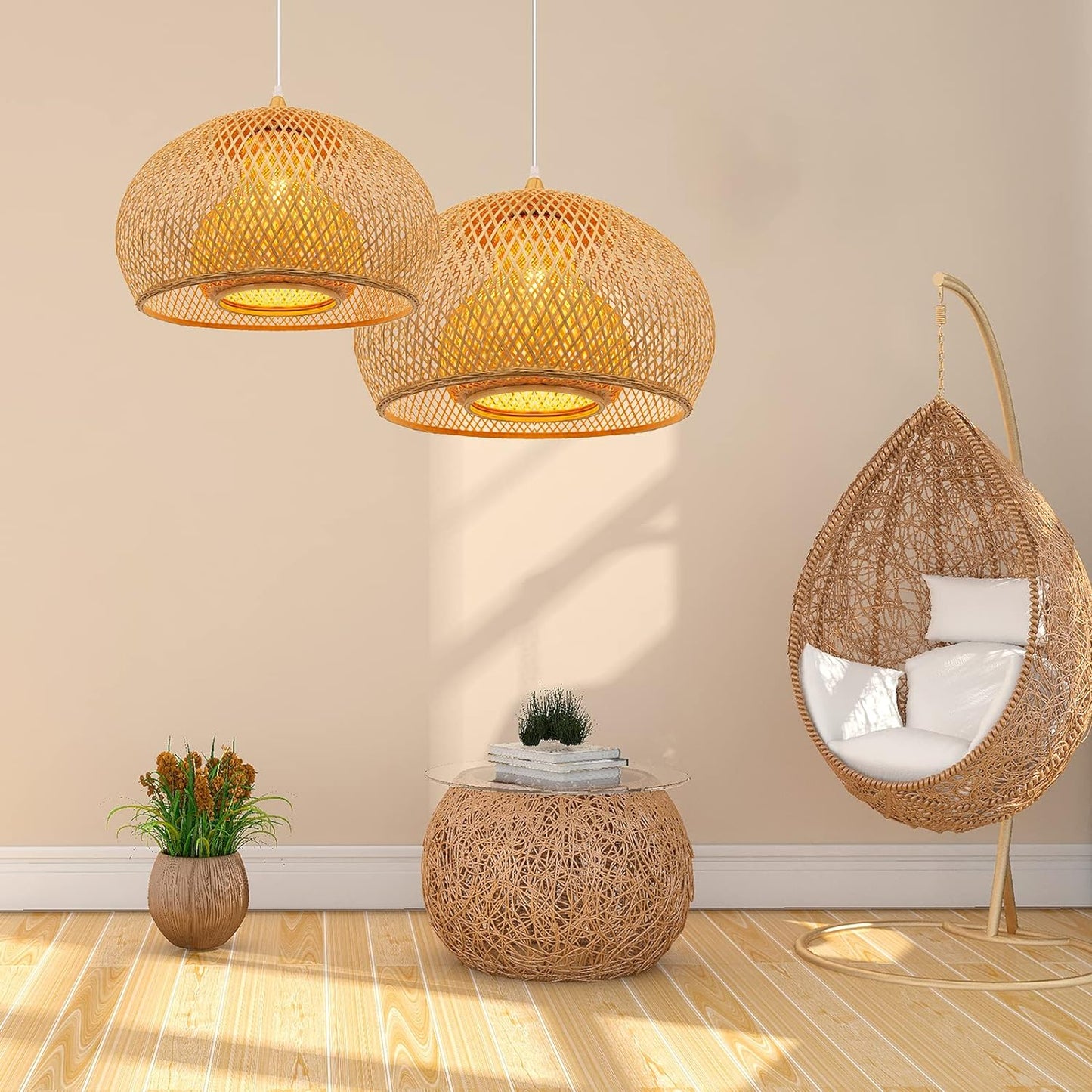 Arturesthome 23.6" Weaving Bamboo Pendant Light for Kitchen Island, Wicker Chandelier, Handmade Woven Hanging Ceiling Light Lampshade for Living Room Bedroom