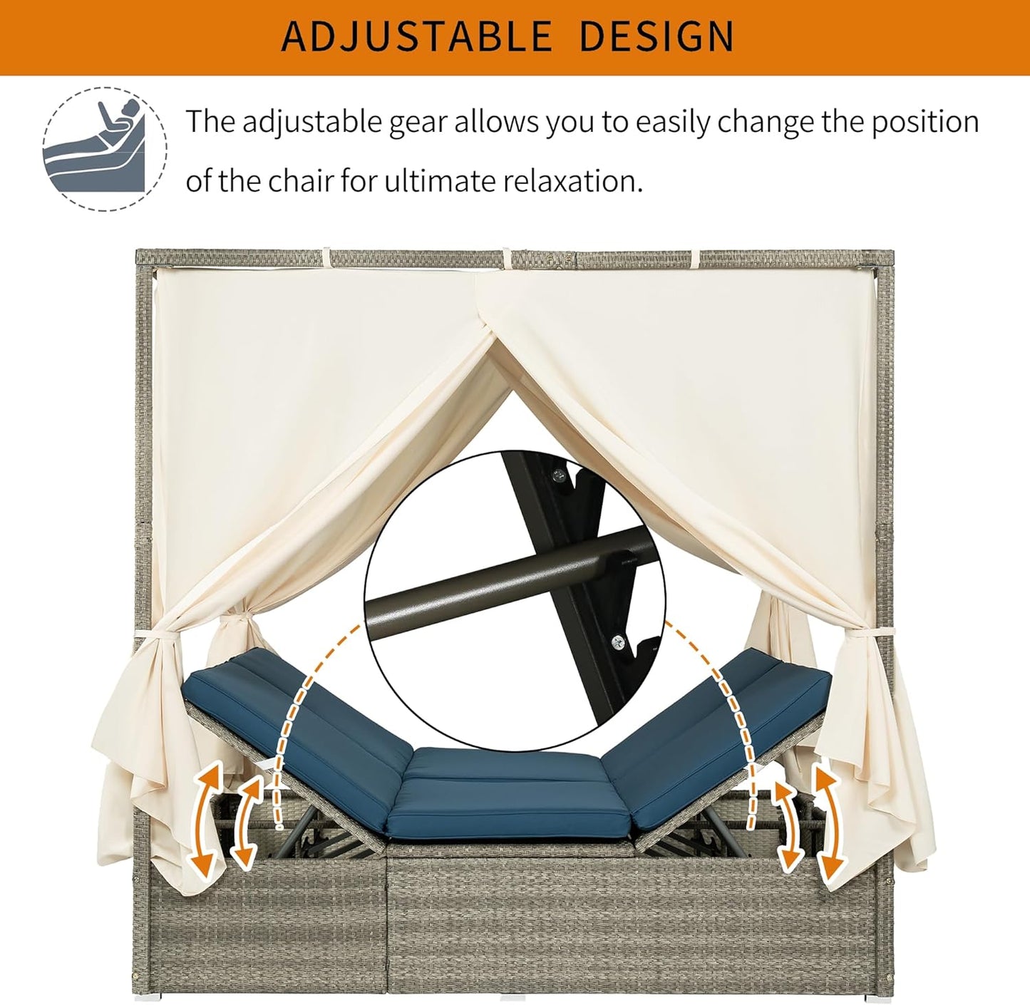 Patio Chaise Lounge,PE Rattan Outdoor Patio Wicker Adjustable Outdoor Sun Bed with Four-sided Canopy and Comfortable Blue Cushion – Versatile Use for Patio, Garden, and Poolside