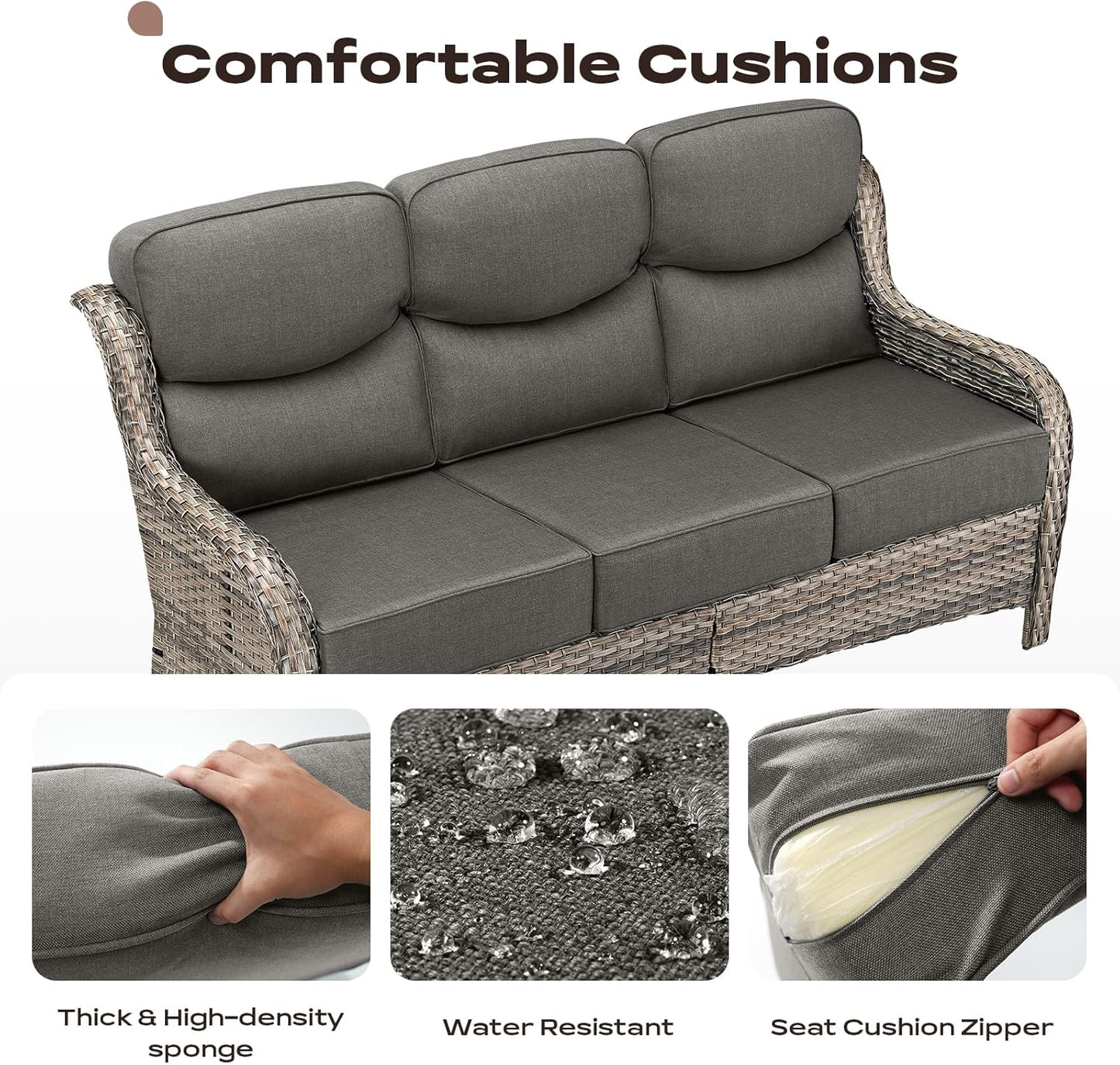 Wicker Outdoor Patio Furniture Set - 8 Piece Patio Conversation Sets with Swivel Rocker Chairs, Ottomans, Sofa and Coffee Table, 6 inch Cushions, Deep Seating, for Porch Deck Mixed Grey/Grey