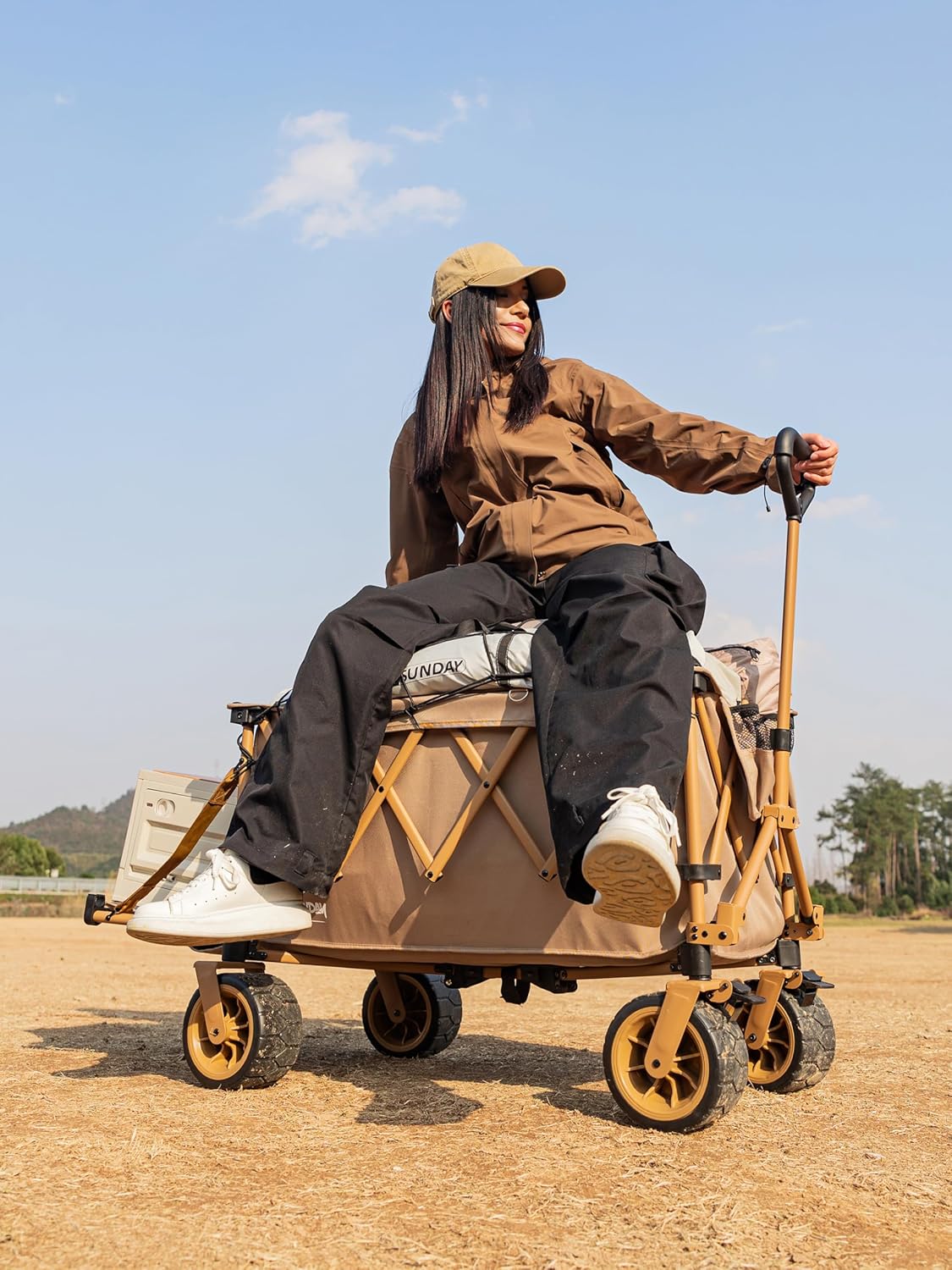 Whitsunday Collapsible Folding Wagon with Table,Heavy Duty Utility Beach Wagons with Opened Tailgate and All-Terrain Wheels for Camping,Garden,Sports Khaki