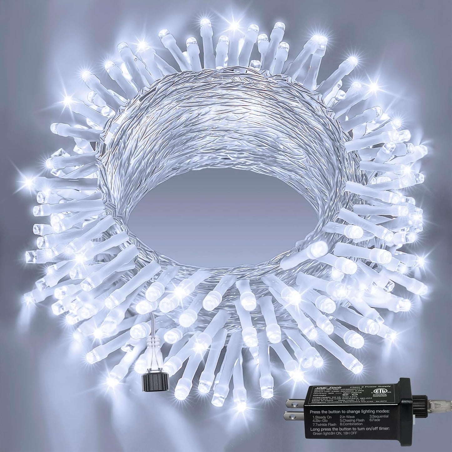 Ollny 120LED 40FT String Lights, Waterproof Connectable Fairy Lights with Timer 8 Modes, Cool White Plug in Christmas Light for Indoor Outdoor Patio Party Bedroom Classroom Decor