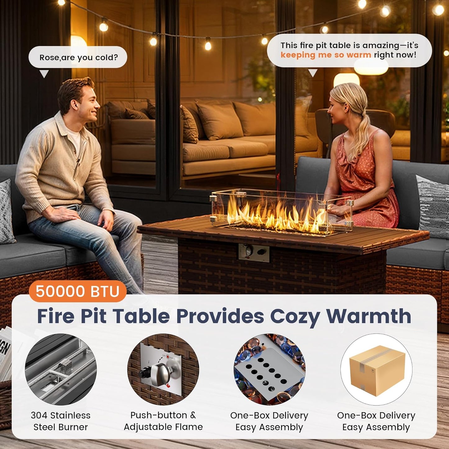 UDPATIO Patio Furniture Set with Fire Pit Table, 8 Inch Armrest Outdoor Sectional Sofa, 9 Piece Wicker Outdoor Furniture Conversation Sets with Waterproof Cover for Backyard Deck(Brown/Dark Grey)