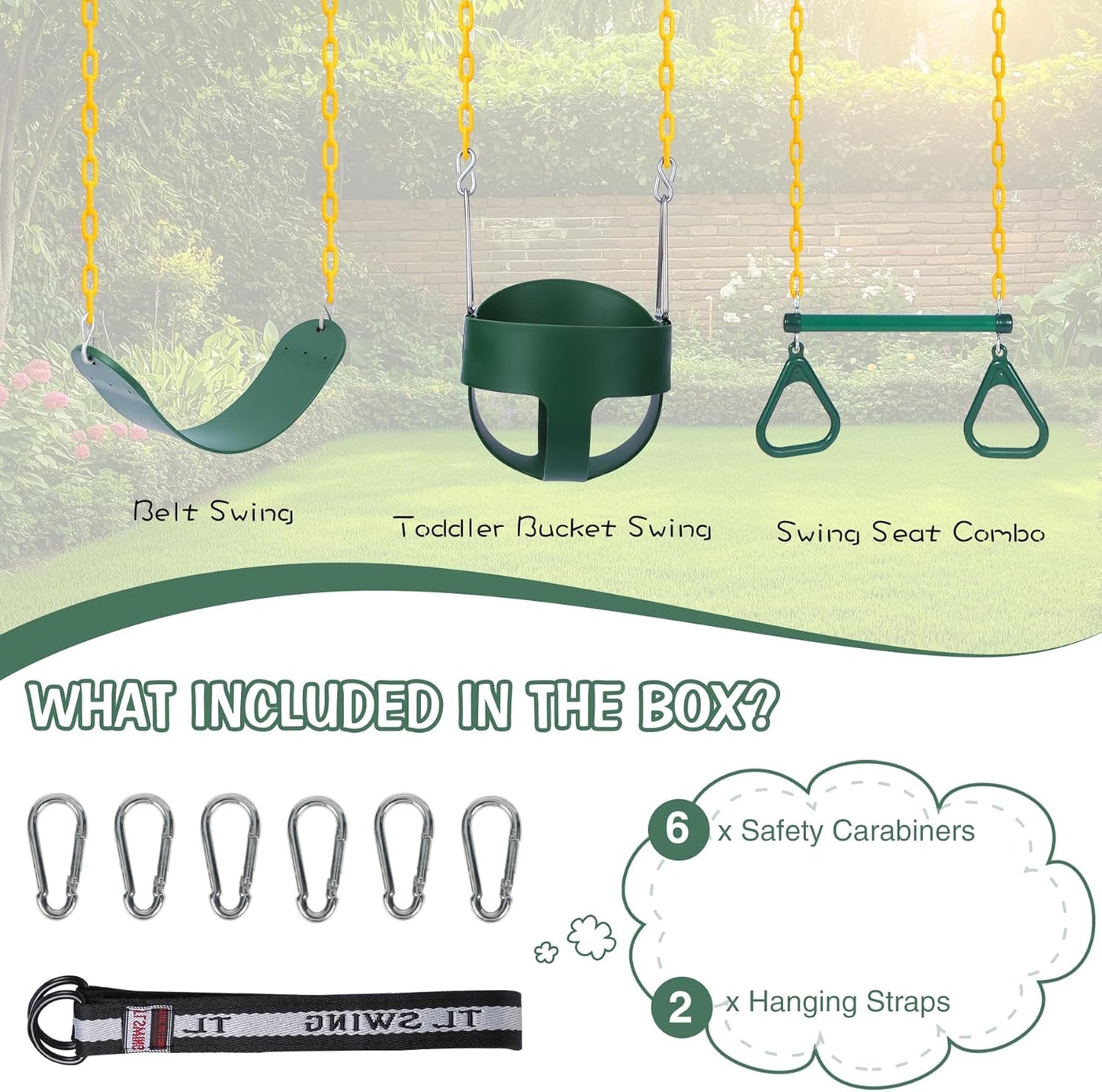 RedSwing Trapeze Swings Bar with Rings, Belt Swing Seat and Bucket Swings Combo Pack (Triangle and Chain Dip) for Kids Outdoor with 57-86" Rope,High Back Toddler Bucket Seat, Green