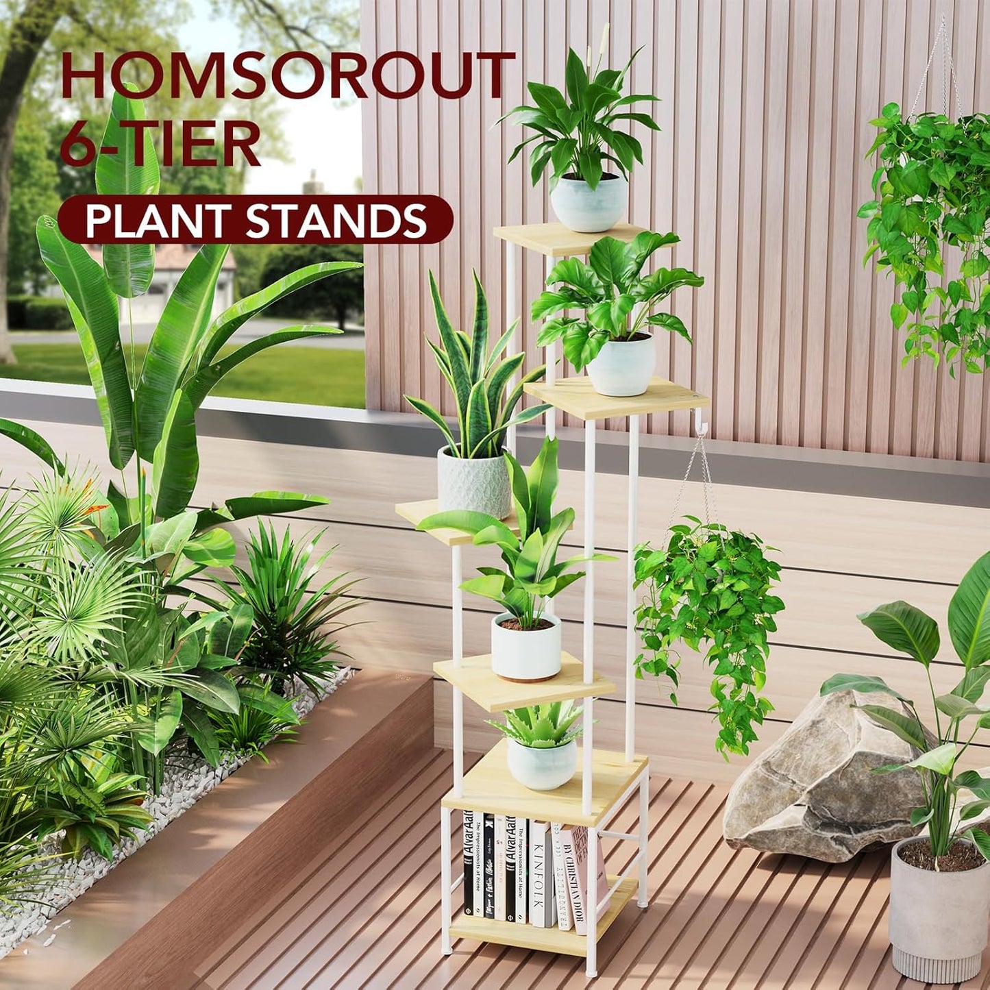 Plant Stand Indoor with Grow Light, 6-Tiered Tall Plant Stand Indoor, Metal Plant Shelf with Hanging Basket Hook and Adjustable Light, Ideal for Living Room, Garden, Patio, （Maple）