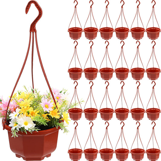 Roshtia 24 Pcs Hanging Plastic Planter Pot with Hook Flower Pots Baskets Hanging Nursery Planter Holder for Outdoor Indoor Plant Garden(Brown,6.7 Inch)