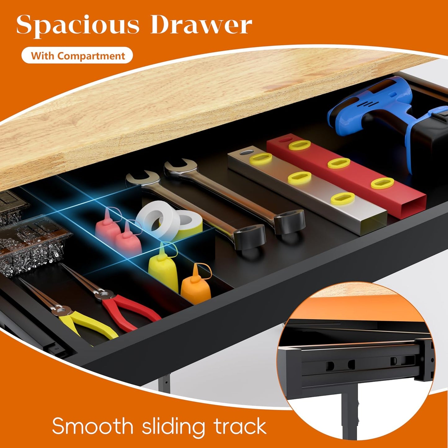 60" Adjustable Height Workbench, 2000 LBS Heavy Duty Work Table with Power Outlets & Pegboard, Rubber Wood Workstation for Garage, Workshop, Office, Home, Commercial