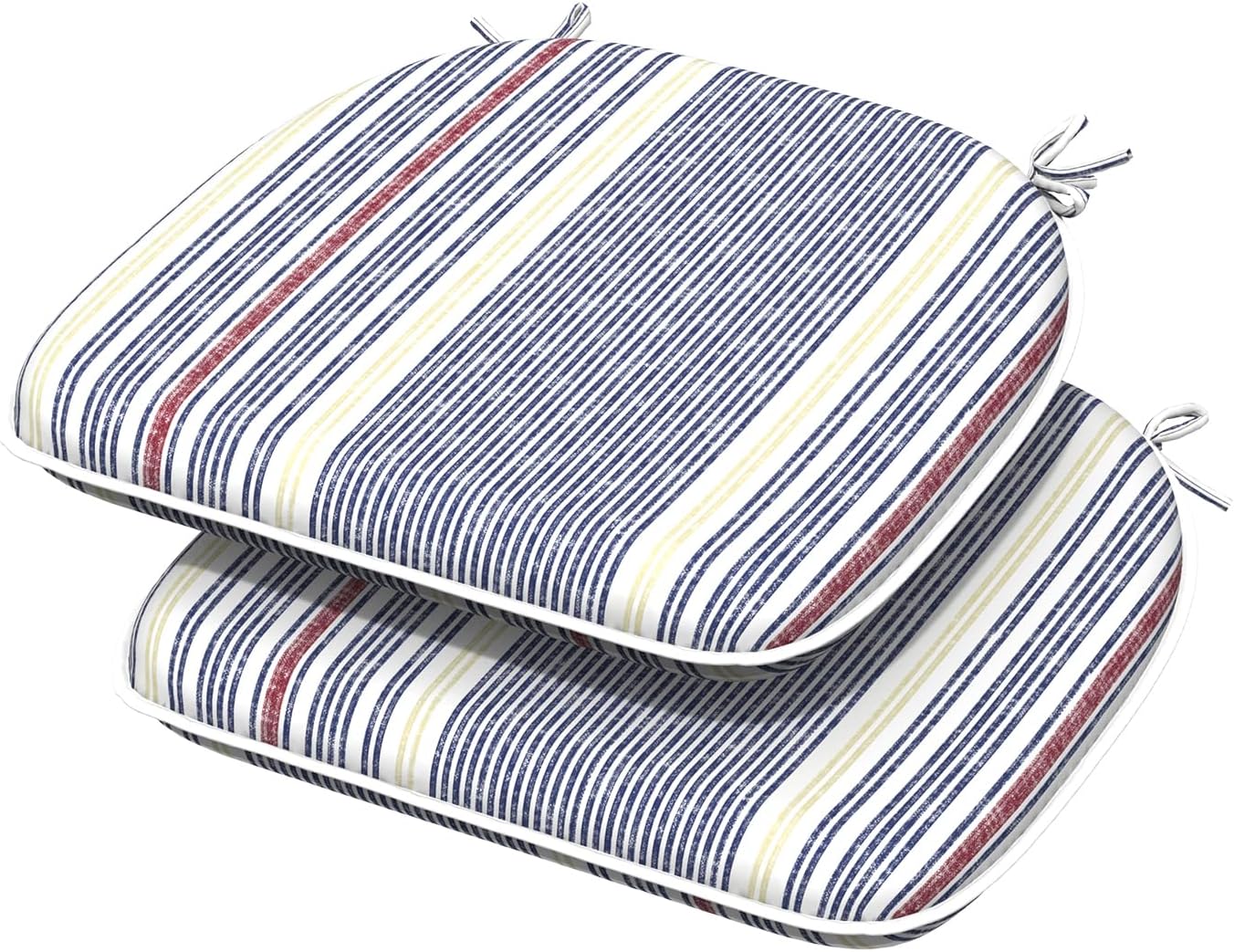 Indoor/Outdoor Chair Cushions 16x17 Inch, Patio Chair Cushions with Ties, All Weather Seat Cushions for Patio Furniture Home Garden Chair Use, Set of 2, Stripe Denim Blue