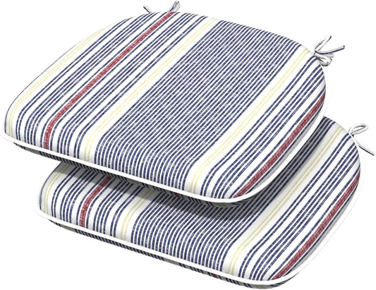 Indoor/Outdoor Chair Cushions 16x17 Inch, Patio Chair Cushions with Ties, All Weather Seat Cushions for Patio Furniture Home Garden Chair Use, Set of 2, Stripe Denim Blue