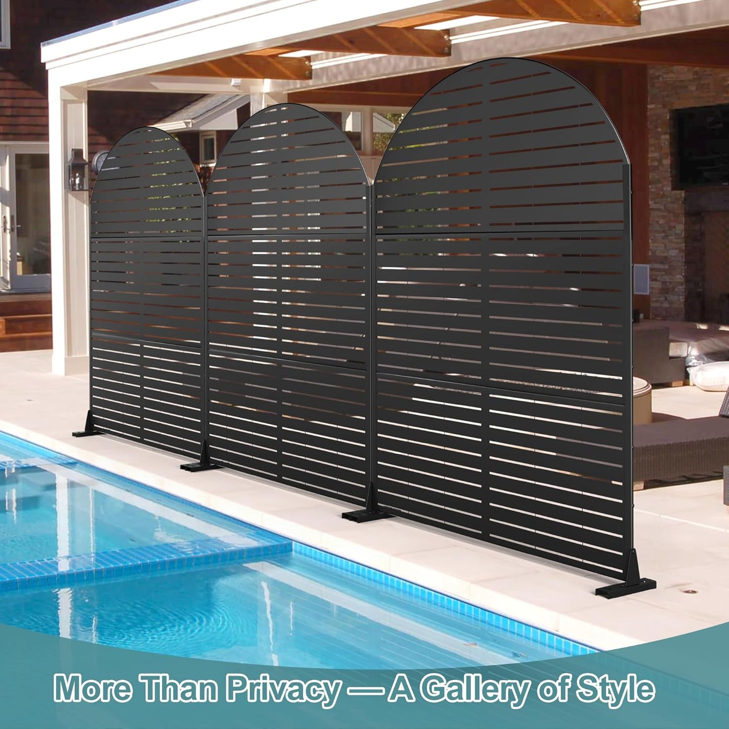 FENCY Metal Privacy Screen with Stand 72" H×47" W Outdoor Freestanding Privacy Panels, Arched Outdoor Privacy Screen for Deck Patio Balcony(Black-Louvered)