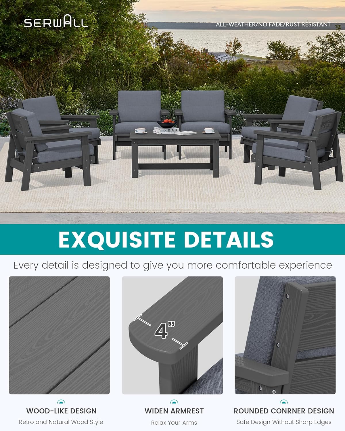 SERWALL HDPE Outdoor Furniture Set, 7 Piece All Weather Wood-Like Outdoor Sofa Sectional Couch, Grey Patio Furniture Set with Grey Cushions
