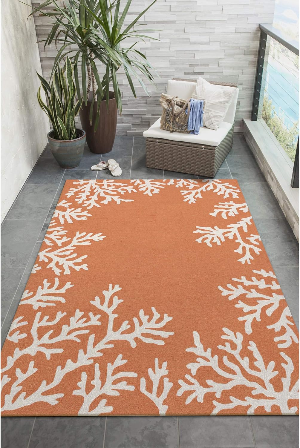 Liora Manne CAPRI Indoor/Outdoor Handmade Synthetic Blend Durable Area Rug - Traditional Border Coastal Beach Accent (Coral Border Coral) (8'3" x 11'6")
