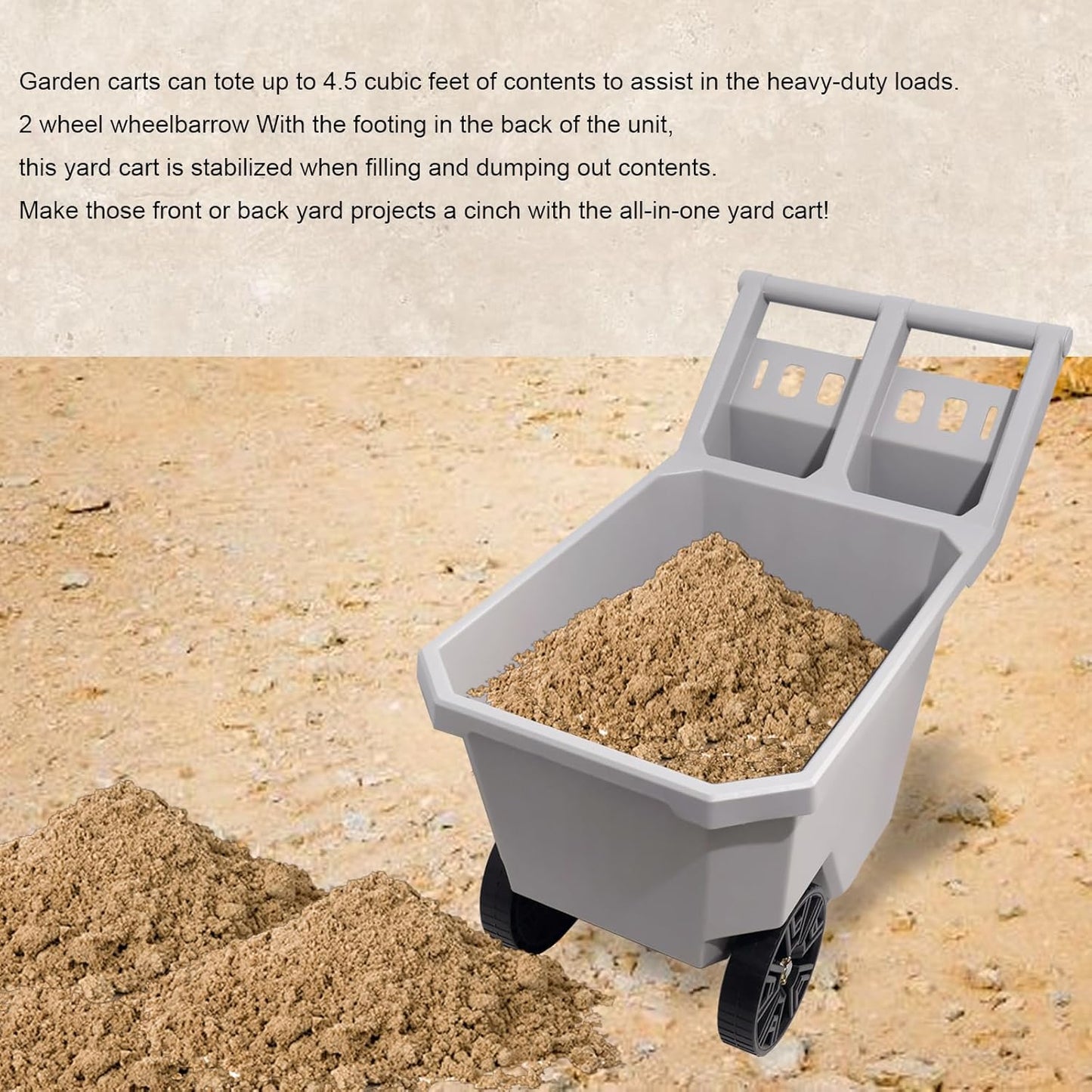 AAIN Wheel Barrel, 2 Wheel Wheelbarrow. 300 LB Yard Cart with 9 in Maintenance-Free Solid Wheels, Trash Cart with Wheels, Push/Pull Design, Grey