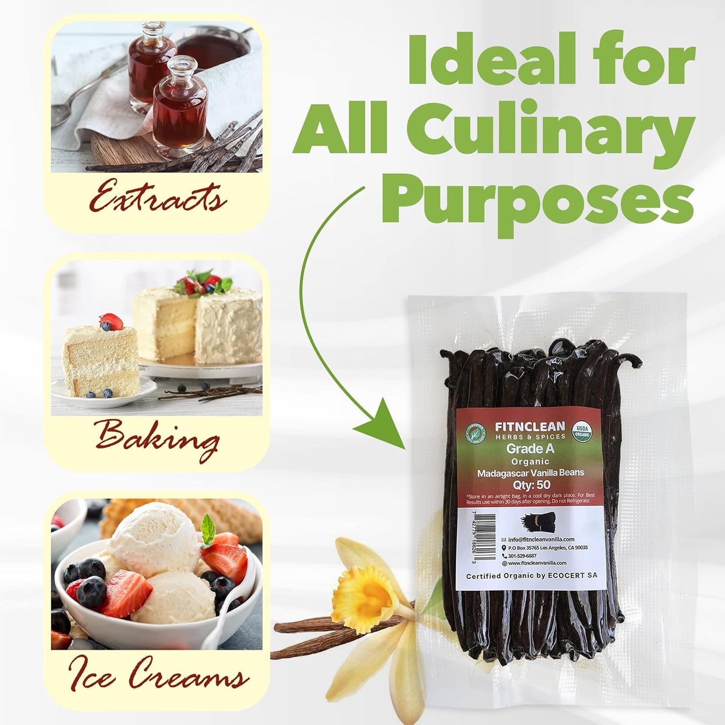 50 Organic Grade A Madagascar Vanilla Beans. Certified USDA Organic for Extract and all things Vanilla by FITNCLEAN VANILLA. ~5" Bulk Fresh Bourbon NON-GMO Pods.