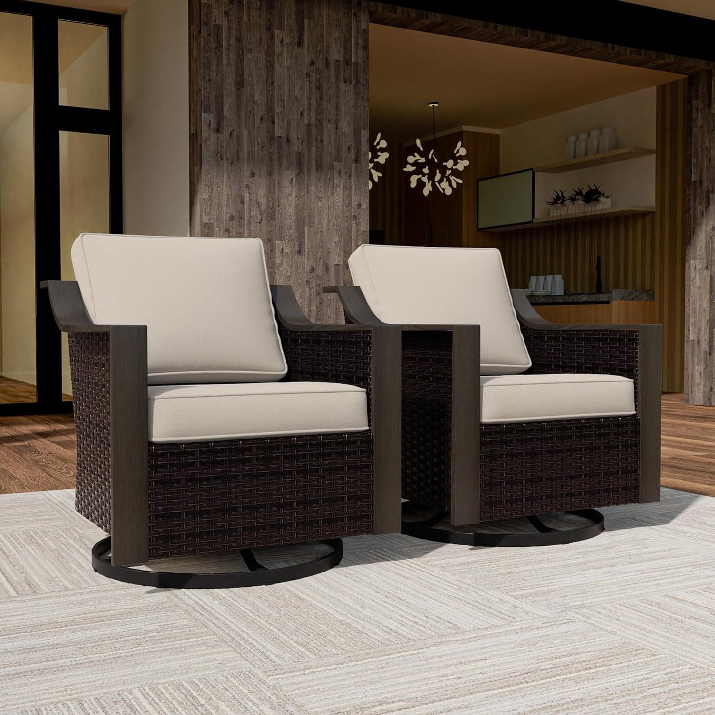 Outdoor Wicker Swivel Chair Set of 2, All-Weather Use Patio Rattan Chair with Removable Water-Resistant Cushion, Ideal for Porch, Backyard, Balcony, Poolside, Beige