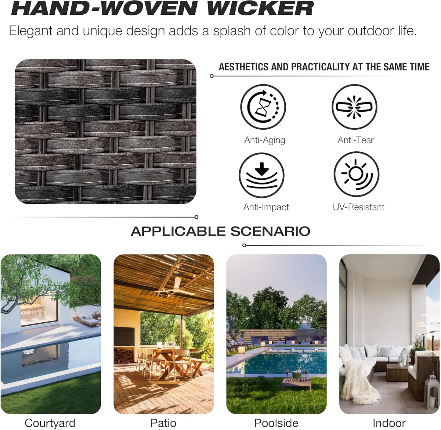 Joyside Wicker Patio Furniture Sets 7 Piece Set with One 3-Seat Sofa, Four Armchairs, Two Ottomans, Wicker Outdoor Furniture Sectional Conversation Set(Mixed Grey/Red)