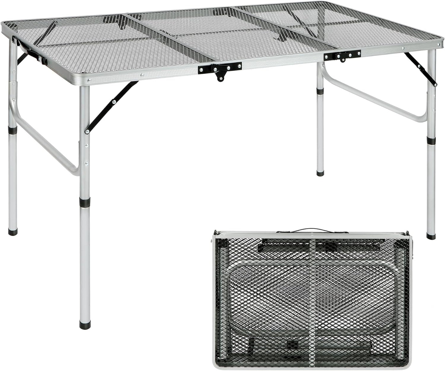 REDCAMP 48x24 Long Folding Grill Table for Outside, Lightweight Portable Metal Aluminum Outdoor Grill Table with Adjustable Height Legs, Great for Camping Picnic Cooking BBQ, Silver 4ft