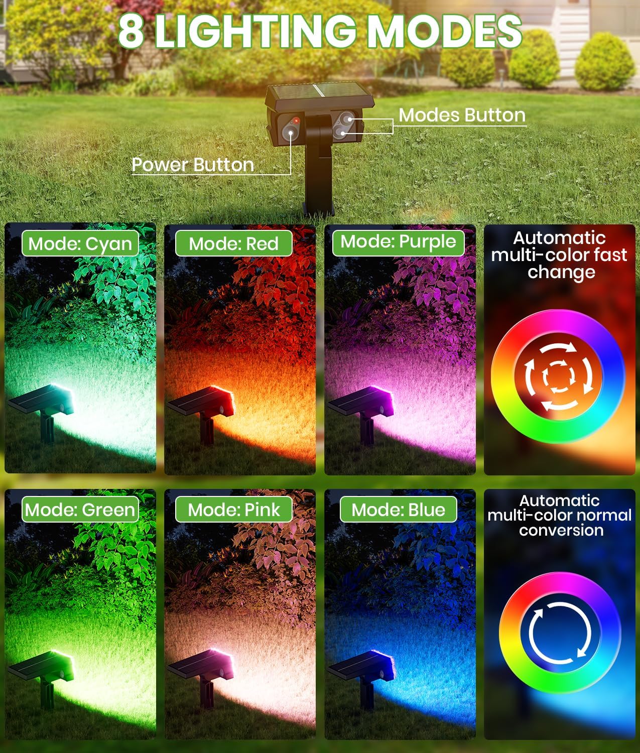 Solar Spot Lights Outdoor, 58 LED 8 Color Modes Solar Pathway Lights, Multicolor RGB Flood Light Waterproof IP67, 2-in-1 Wall Light for Tree Garden Pathway (Multicolor, 4 Pack)