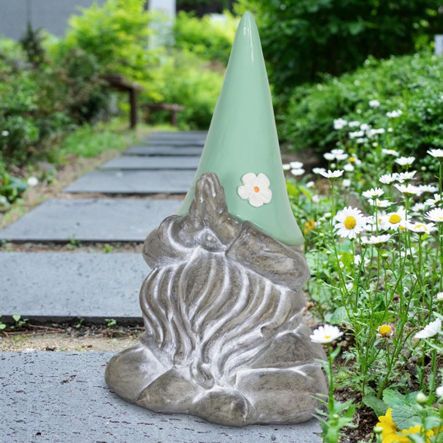 Exhart Garden Sculpture, Meditating Yoga Solar Garden Gnome Statue, LED Flower Hat, Outdoor Garden Decoration, 7 x 11.5 Inch, Mint