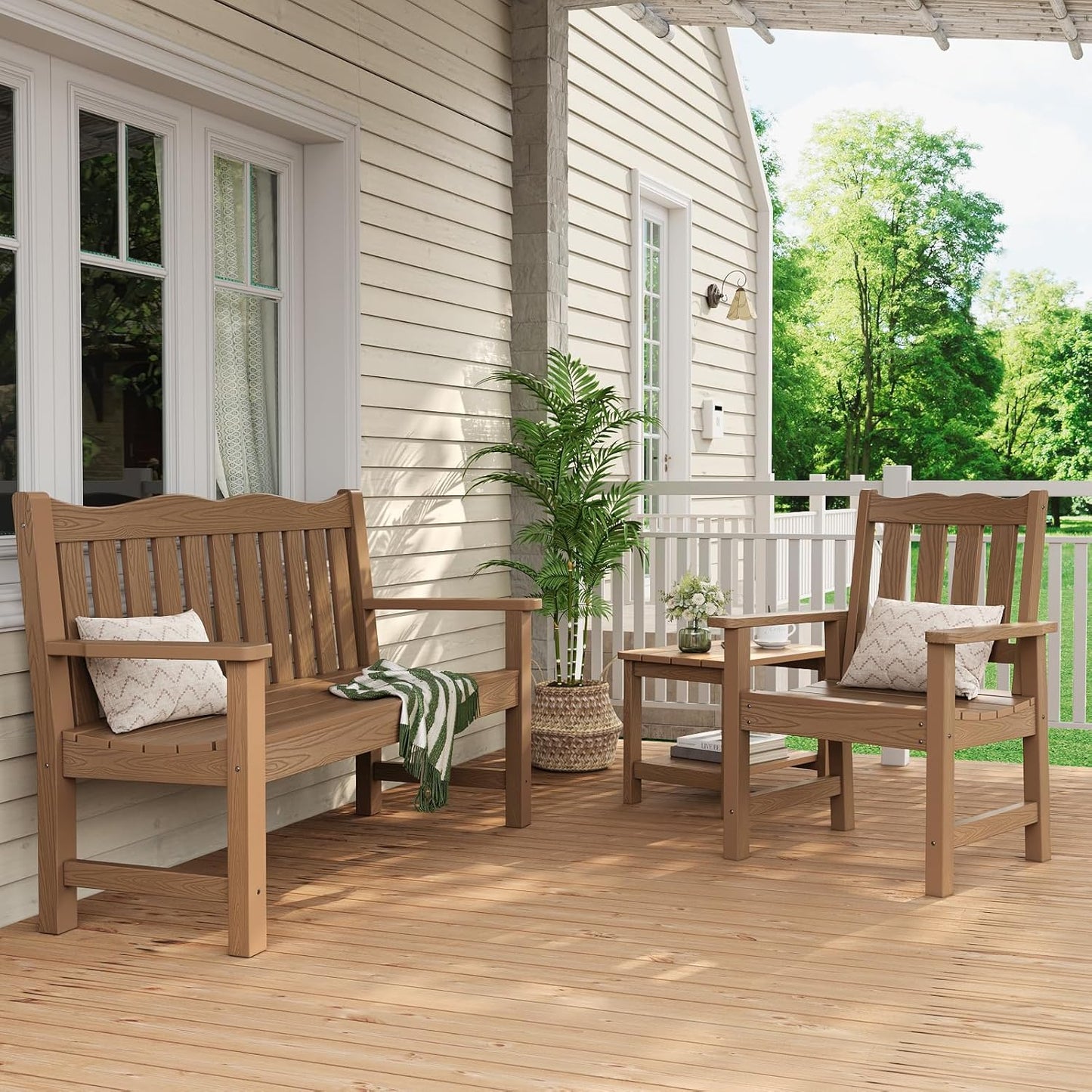 Stoog All-Weather Garden Bench & Chairs Set, 3-Piece Patio Furniture Set, Include 2 Outdoor Chairs and 1 Outdoor Bench, Teak