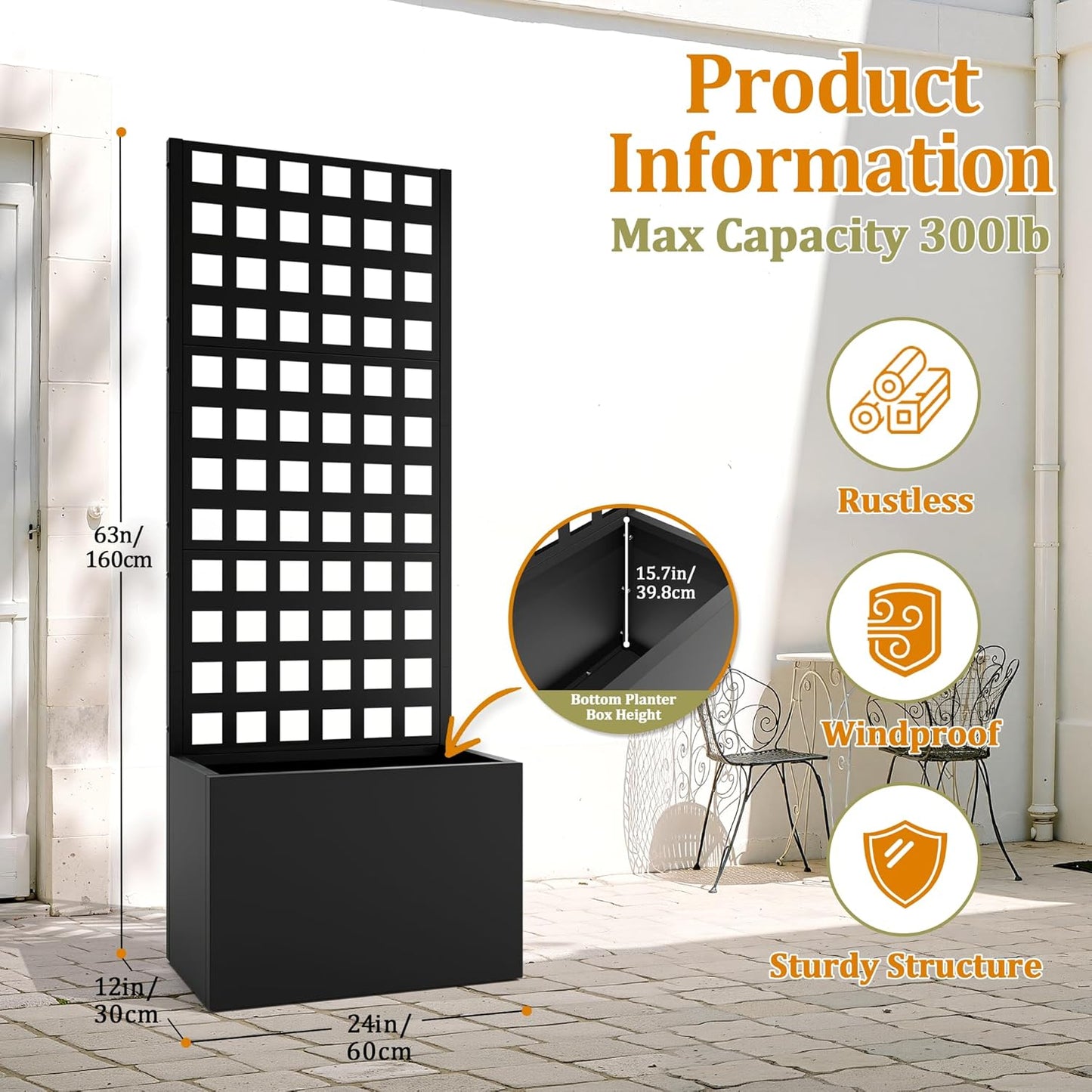 Metal Planter Box with Trellis, Heavy-Duty Raised Garden Bed for Climbing Plants, Drainage Hole, Outdoor Planter Box with Privacy Screen，24''L×12''W×63''H