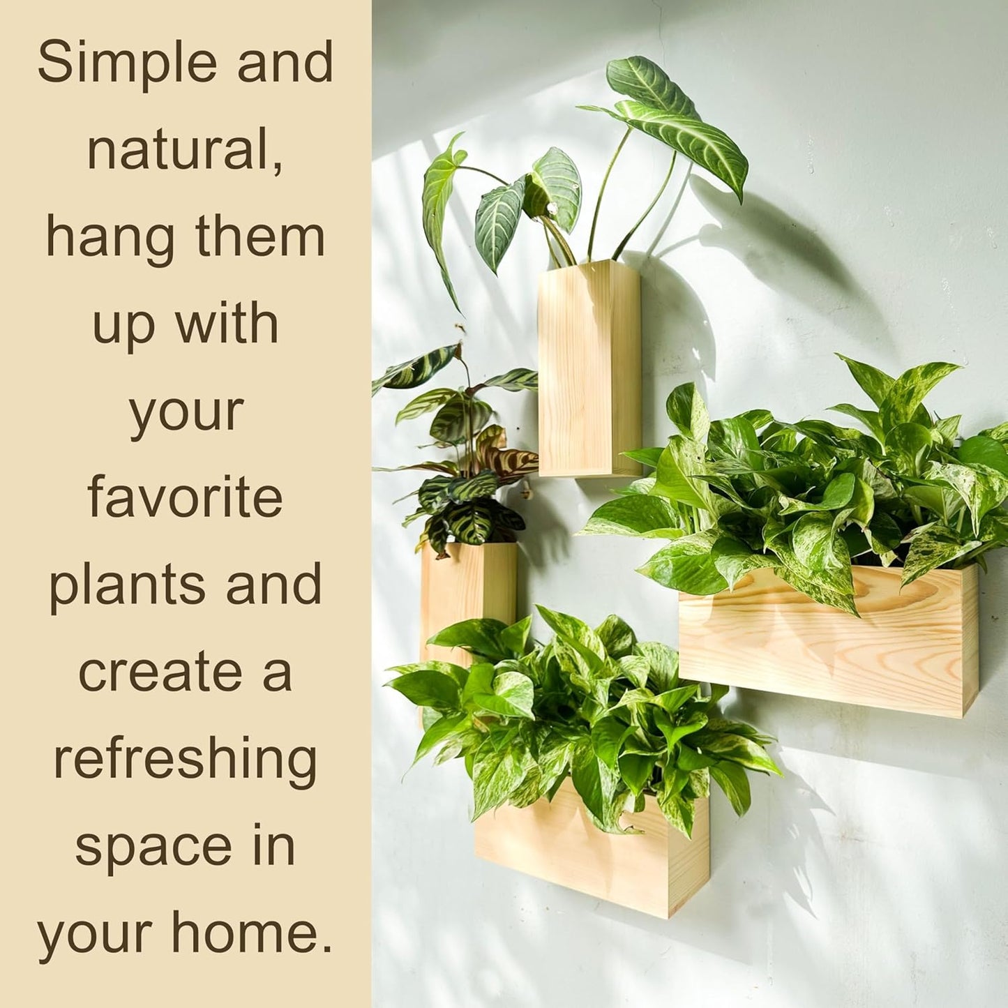 LaLaGreen Wooden Planter Box for Plants (4 Pack) Natural Wood Hanging Wall Planters for Indoor Plant Holder Vase for Dried Flowers, Modern Style Unique Living Room Bedroom Kitchen Home Office Decor