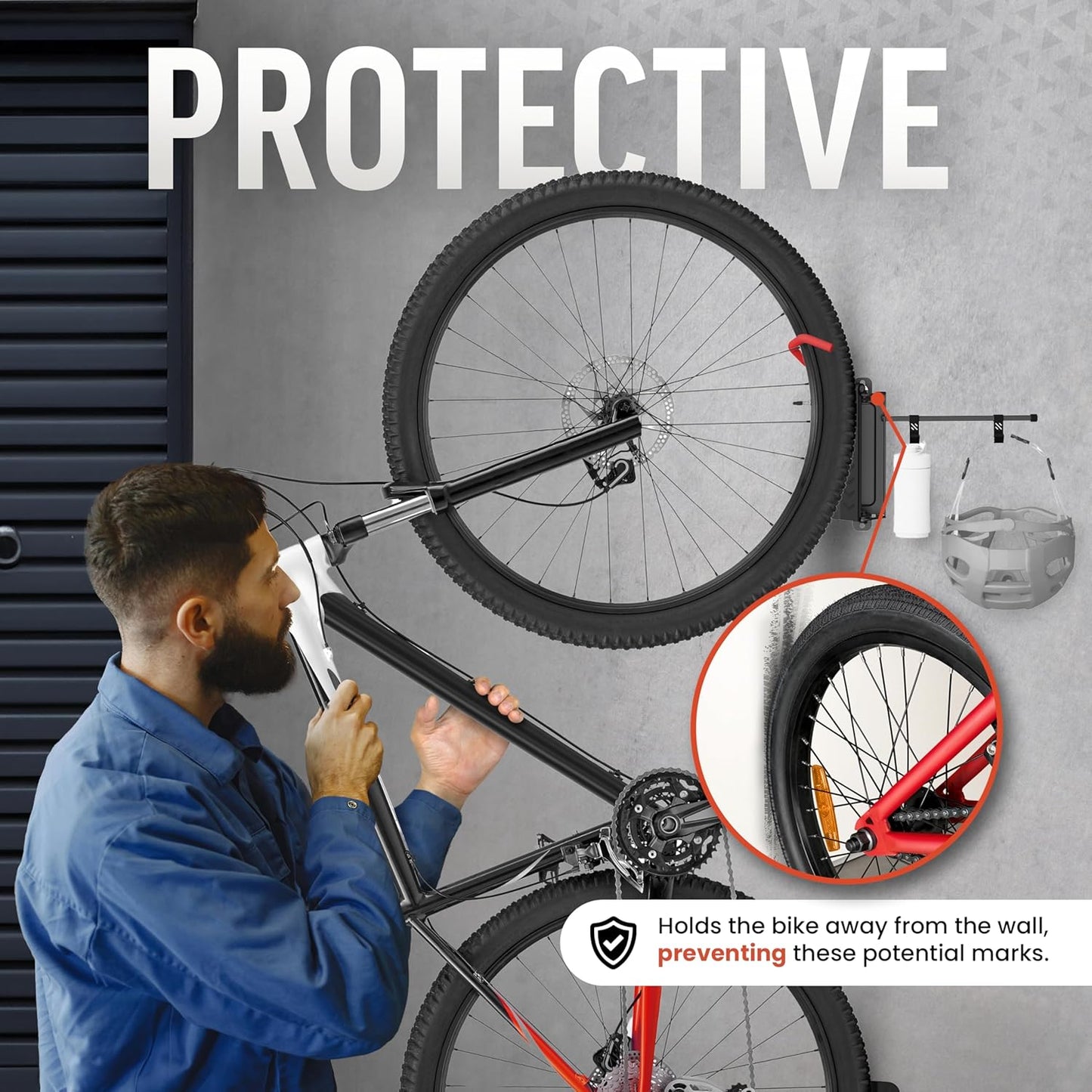 STELLARMOUNTS Bike Wall Mount - Wheel Hook Bracket - Industrial Class Bikcycle Rack Holds Up to 77 lbs - Secure Bike Storage Can be Mounted on Indoor/Outdoor Walls, Black/Red