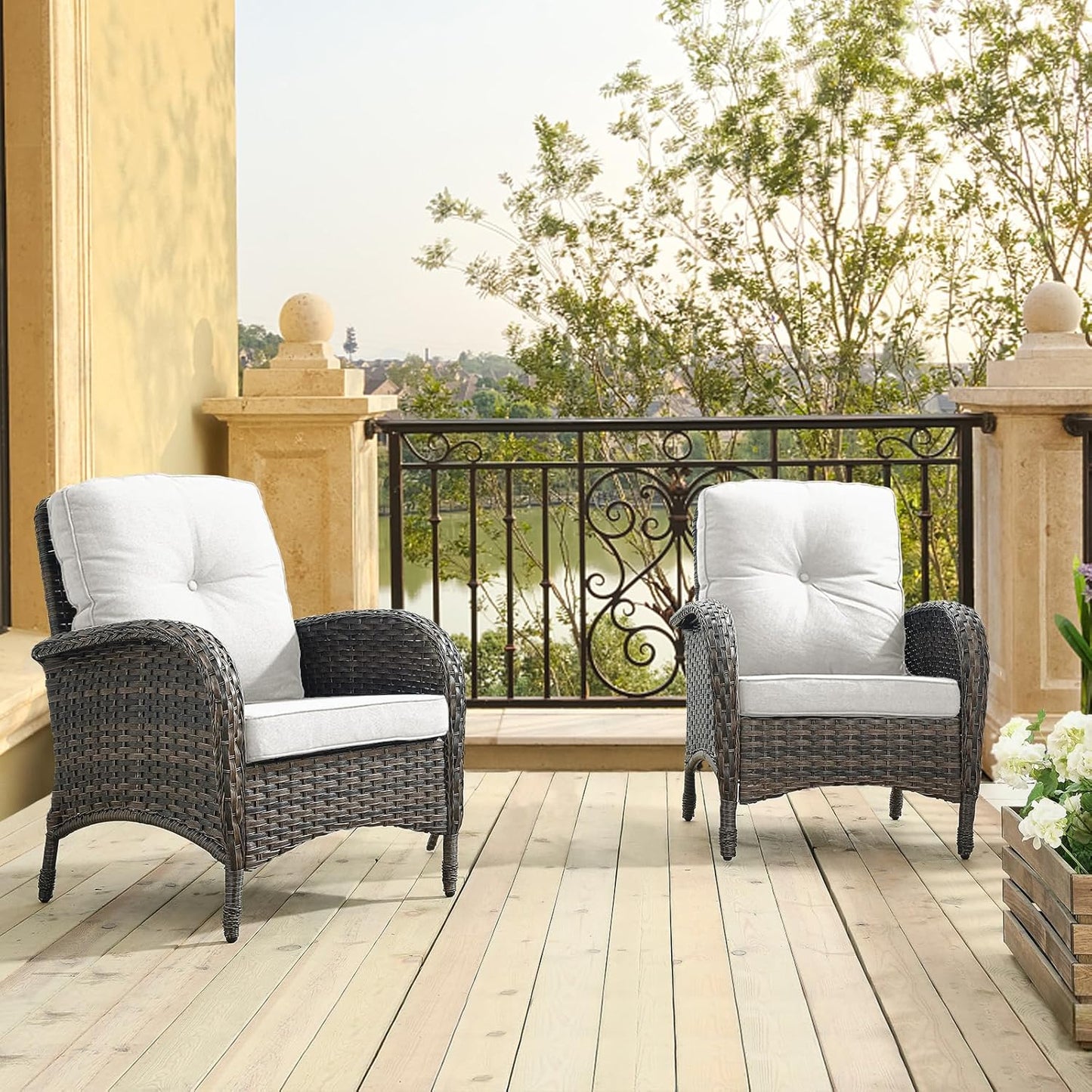 HUMMUH Outdoor Wicker Chairs Patio Dining Chairs Set of 2 with High Back and Deep Seat for Garden,Porch,Backyard,Balcony (Brown/Beige)