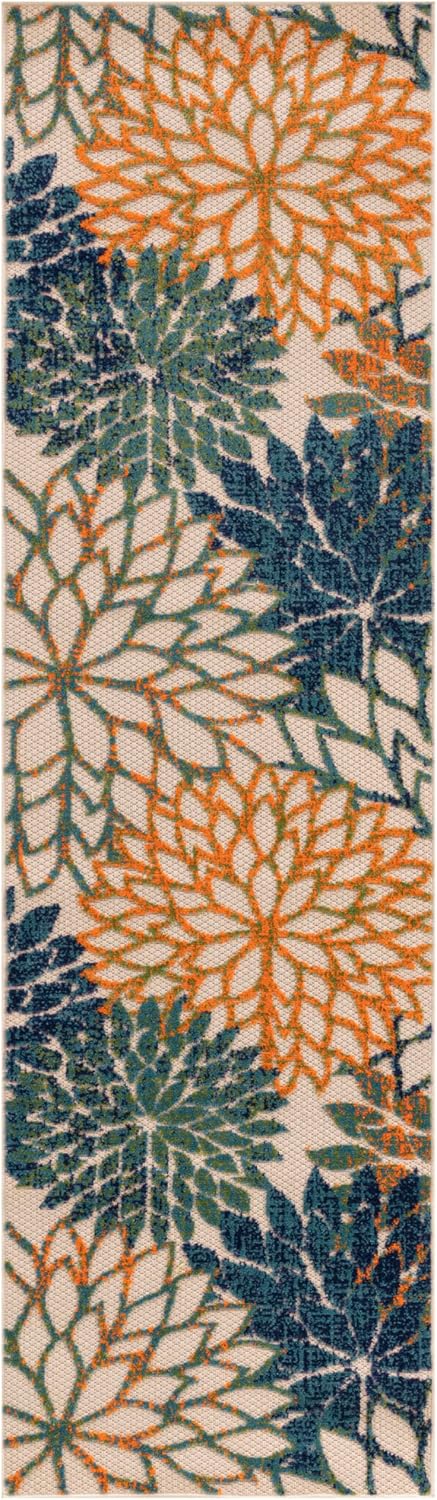 Nourison Home Aloha Indoor/Outdoor Blue Green 2' x 6' Area Rug, Easy Cleaning, Non Shedding, Bed Room, Living Room, Dining Room, Backyard, Deck, Patio (2x6)