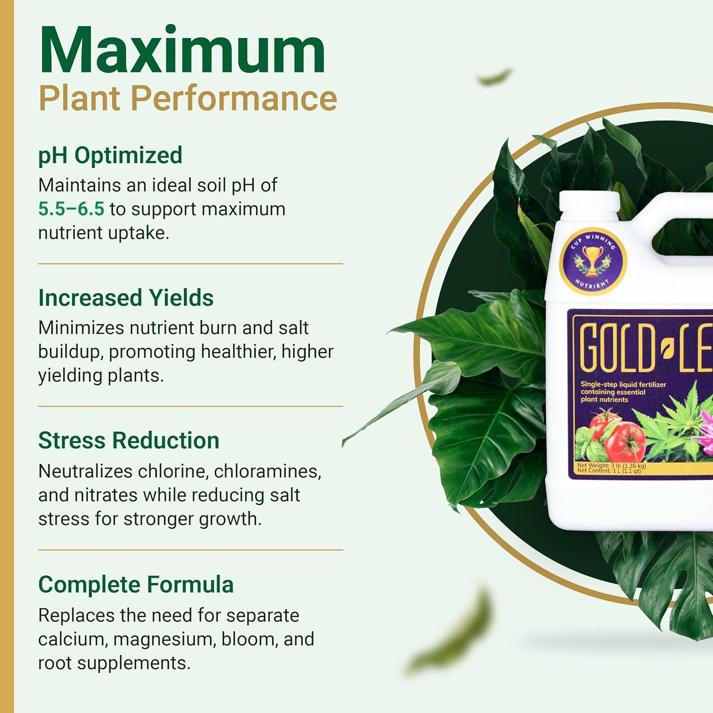 1L Gold Leaf All-in-One Liquid Fertilizer – pH Balanced, Instantly Dechlorinates, No Additives Needed – for Soil, Hydroponics & Coco – Bigger Blooms, Higher Yields, Complete Plant Nutrition