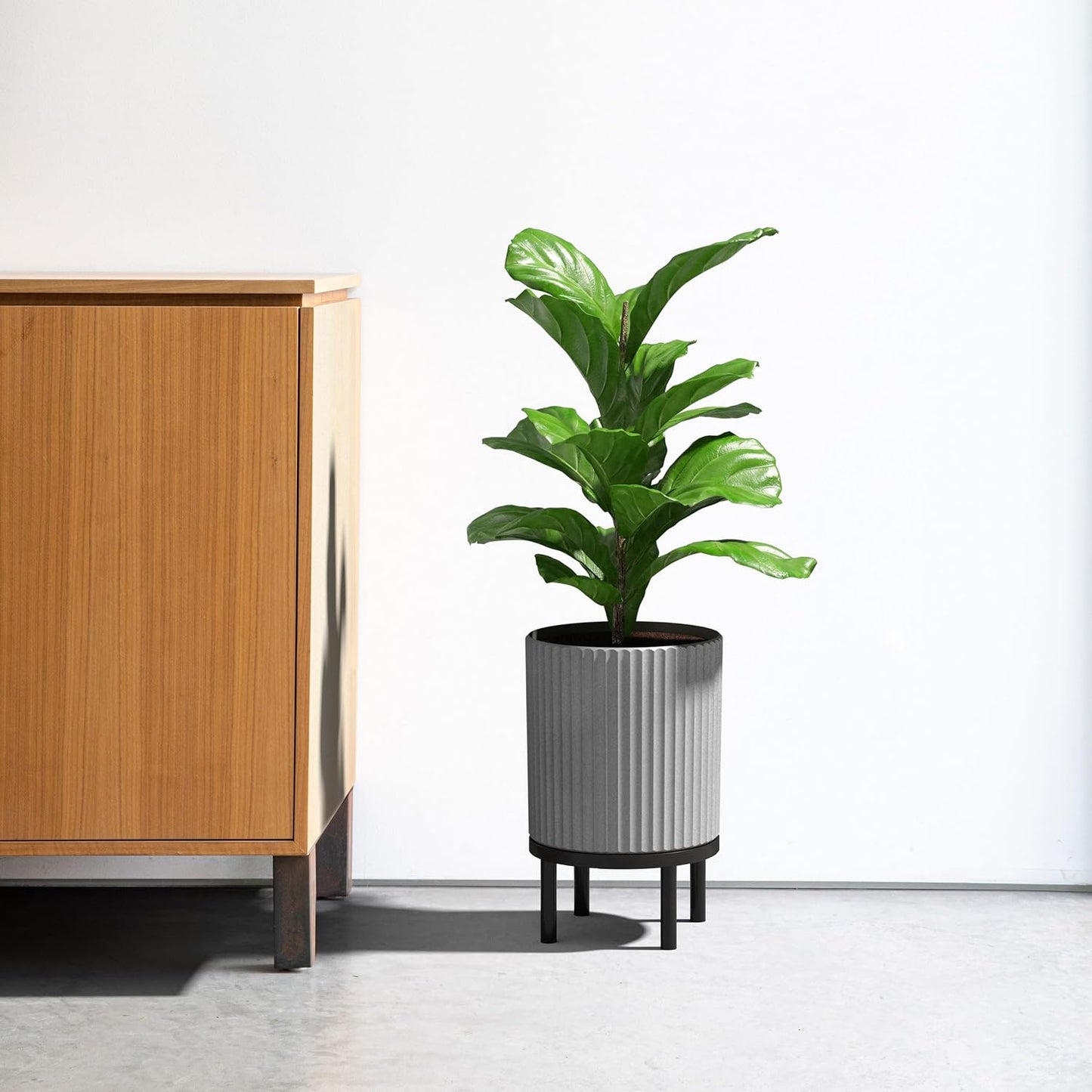 Veradek Demi Series Round Planter w/Stand for Porch/Patio | Durable Plastic-Stone Composite & Wooden Stand | Modern Décor for Tall Plants, Flowers