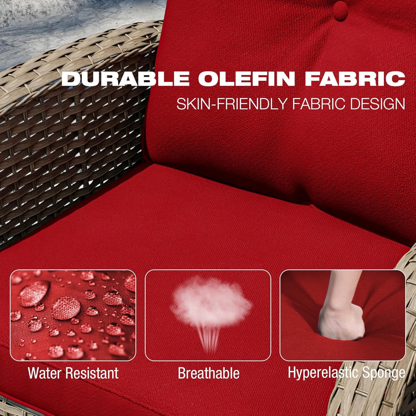 Joyside Outdoor Swivel Rocker Chairs, 6 Piece Wicker Patio Set with Thick Cushion and Side Table, Rattan Patio Swivel Rocking Chairs for Porch, Deck Use (Natural/Red, 6 PCS)