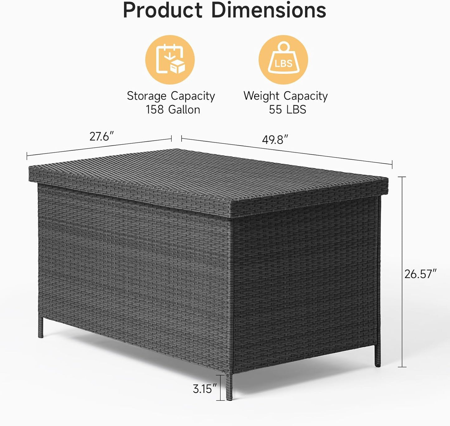 158 Gallon XL Deck Box with Lid, All Weather Wicker Outdoor Storage Box Waterproof, Large Outdoor Patio Storage Bin for Cushions, Garden Tools, Gears, Pool Accessories, Black