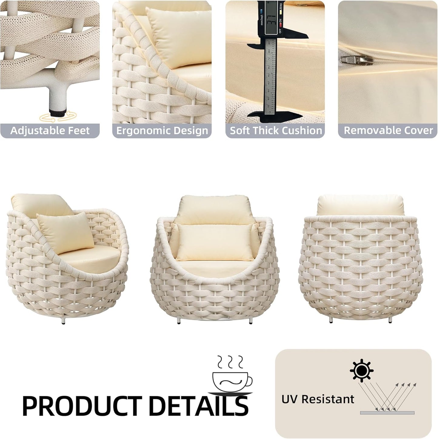 TWT 6 Pieces Patio Sofas, All-Weather Olefin Rope Balcony Furniture with Cushions & Pillows, Patio Couch Outdoor Patio Furniture Set for Indoor, Balcony, Backyard, Deck, Poolside, Cream