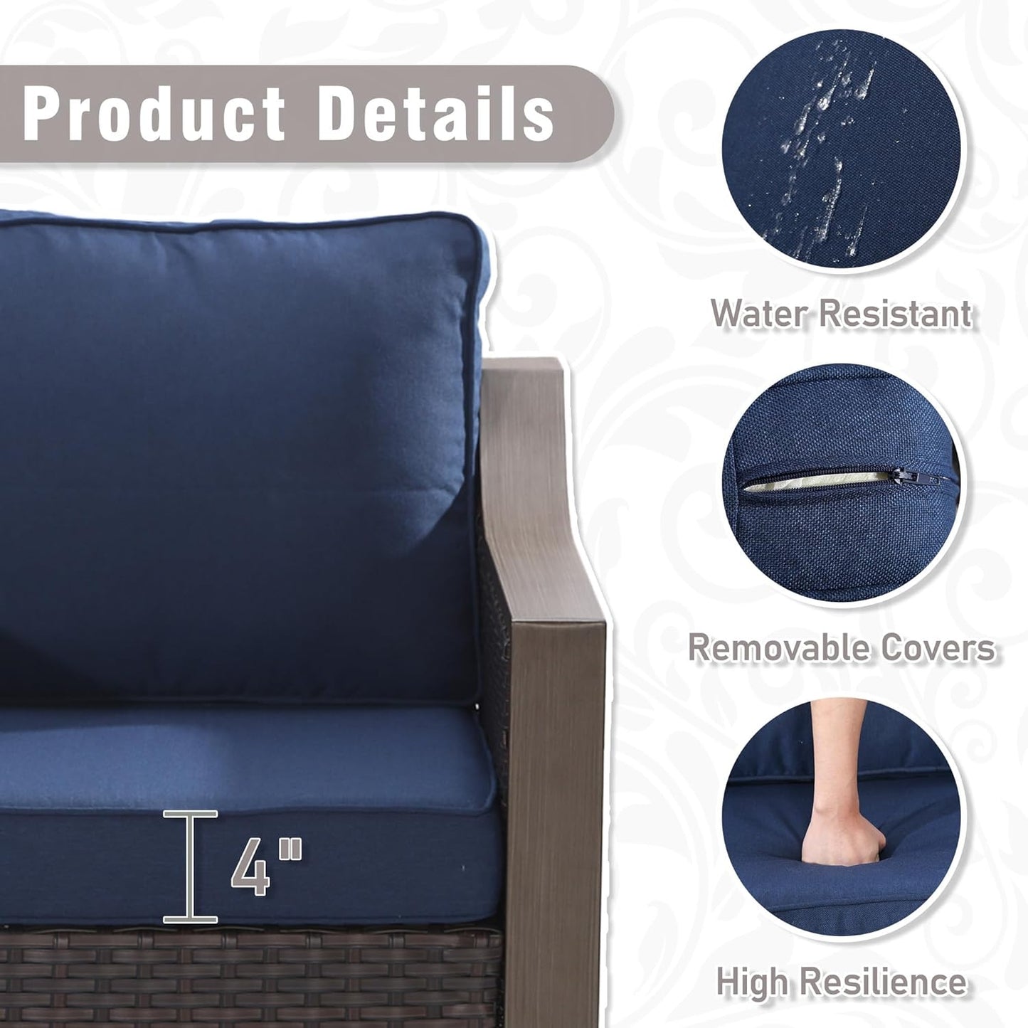 74 Inch Patio 3-Seater Sofa,PE Wicker Outdoor Lounge with Thick Removable Water-Resistant Cushions, Rust-Proof Steel Frame, 900LBS Capacity, Blue