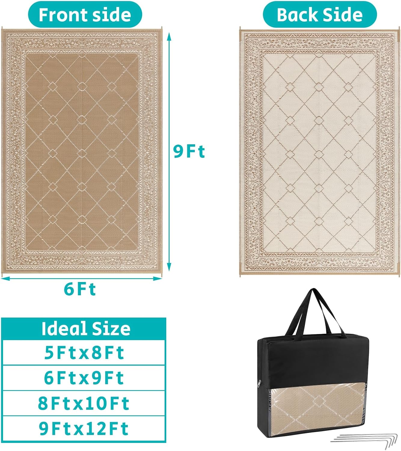 HEBE Outdoor Rug Waterproof 6x9, Plastic Straw Rug Camping Rug, Reversible Outdoor Patio Rugs RV Mat Clearance, Indoor Outside Floor Carpet for Porch,Deck,Camper,Balcony,Backyard